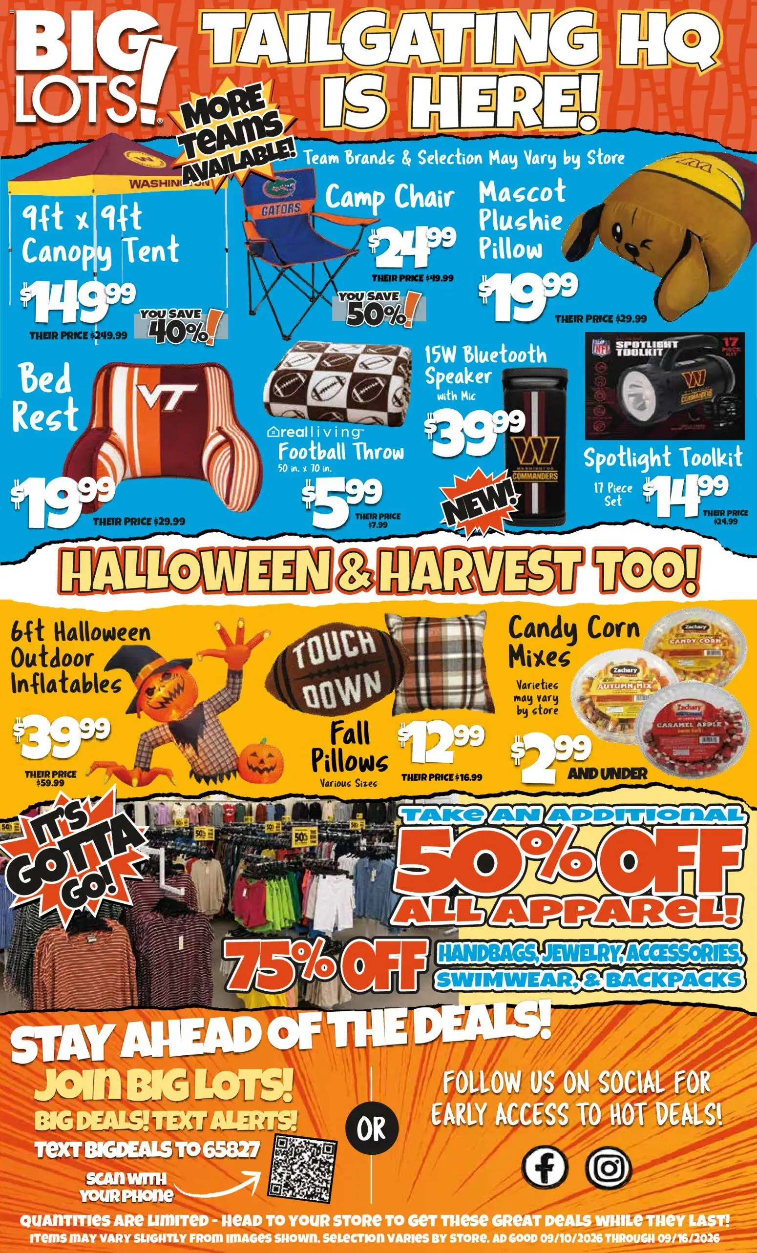 Big Lots Weekly Ad - valid from 09/10/2026 | Page: 2 | Products: Corn, Tent, Bluetooth speaker, Phone