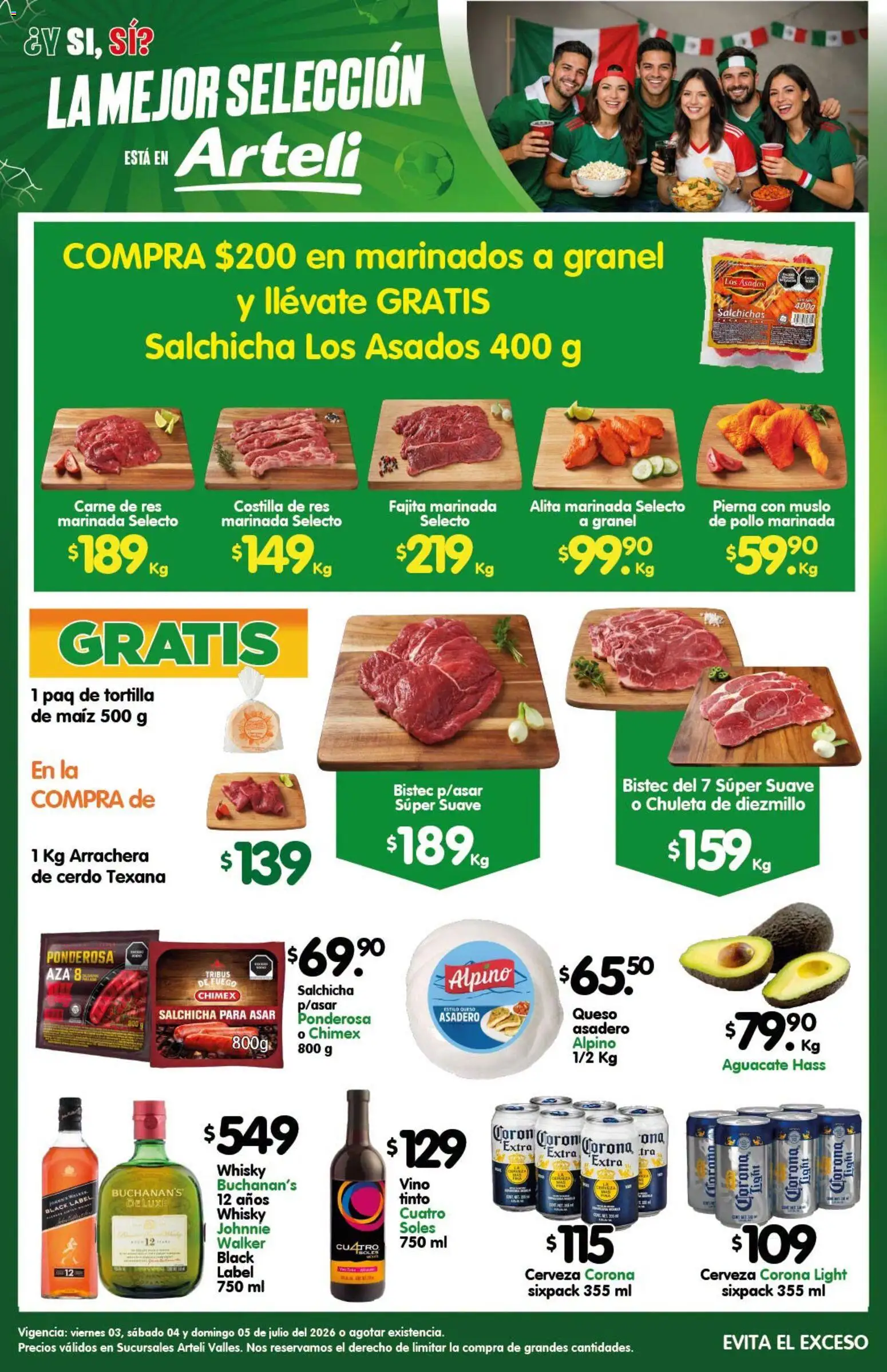 Nuevas ofertas de Arteli válidas en toda la República Mexicana desde el 03/07/2026. ¡Encuentra las mejores ofertas en Arteli folleto Valles! | Página: 1 | Productos: Queso, Cerveza, Cerdo, Res