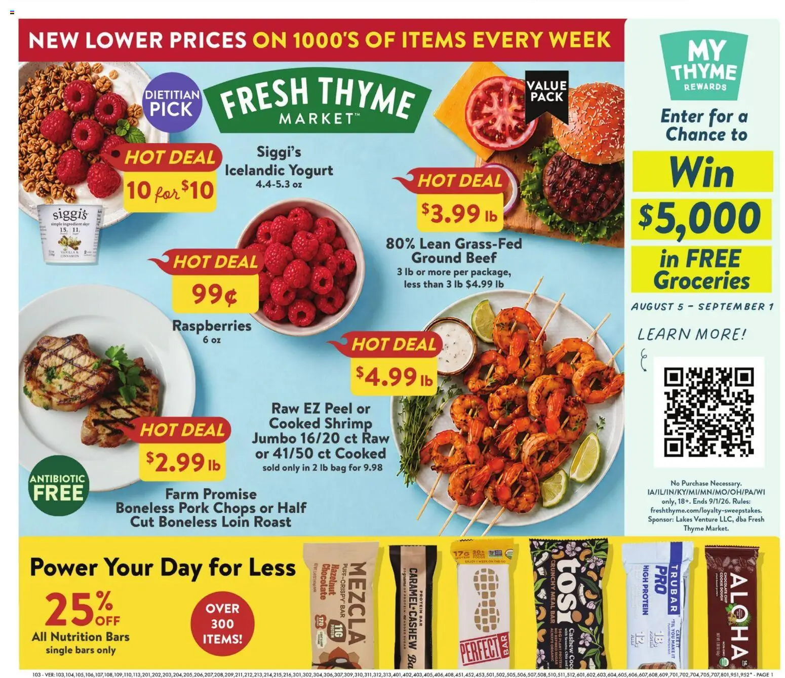 Fresh Thyme Weekly Ad - valid from 08/12/2026 | Page: 2 | Products: Raspberries, Groceries, Protein bar, Ground beef