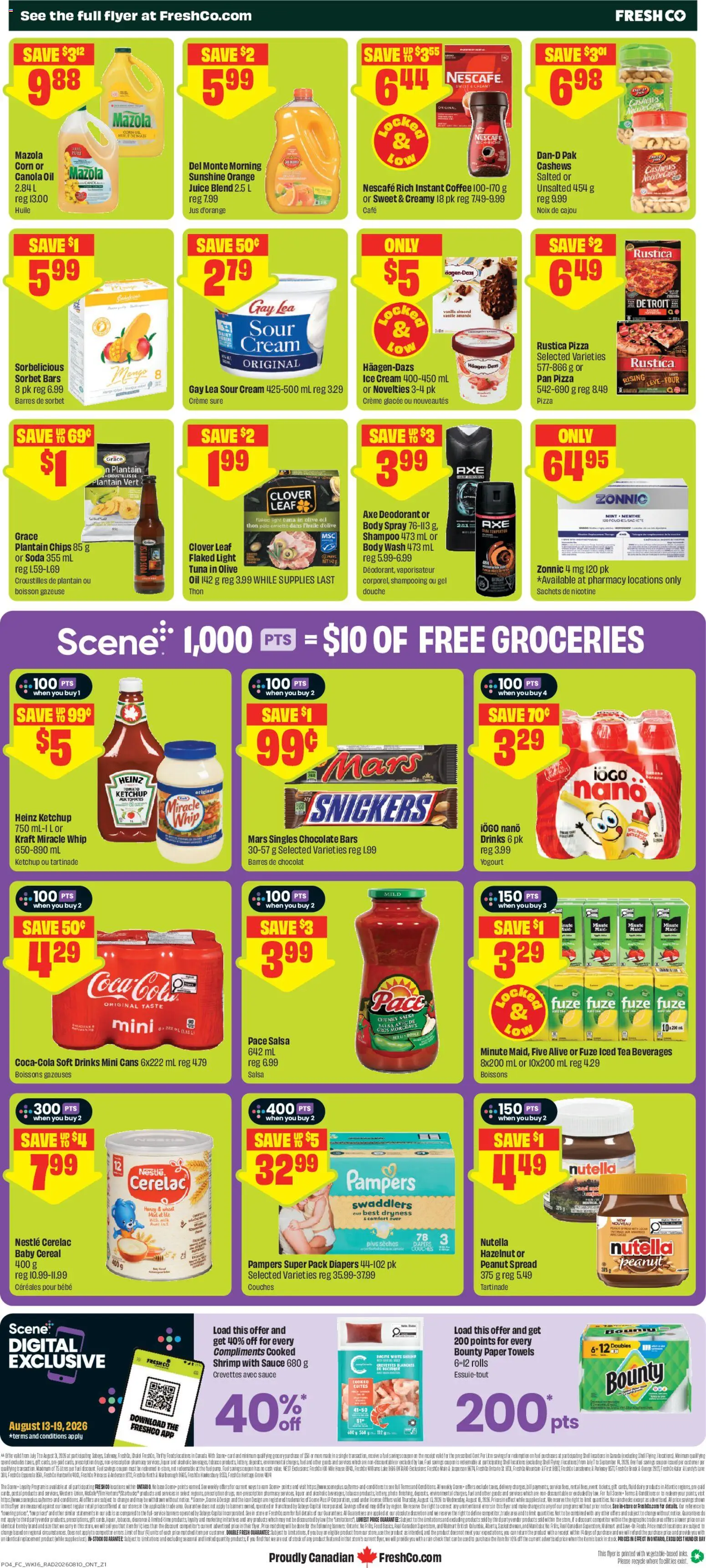 FreshCo flyer valid from Aug 13, 2026 | Page: 2 | Products: Ice cream, Snickers, Shrimp, Deodorant