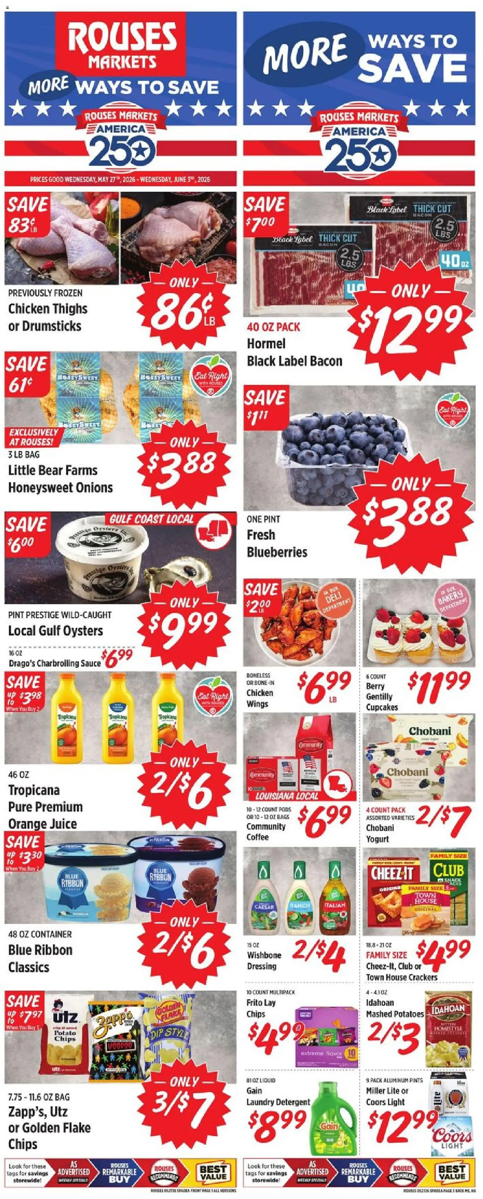 Rouses Weekly Ad - MS - valid from 27.05.2026 | Page: 2 | Products: Bakery, Detergent, Chips, Blueberries