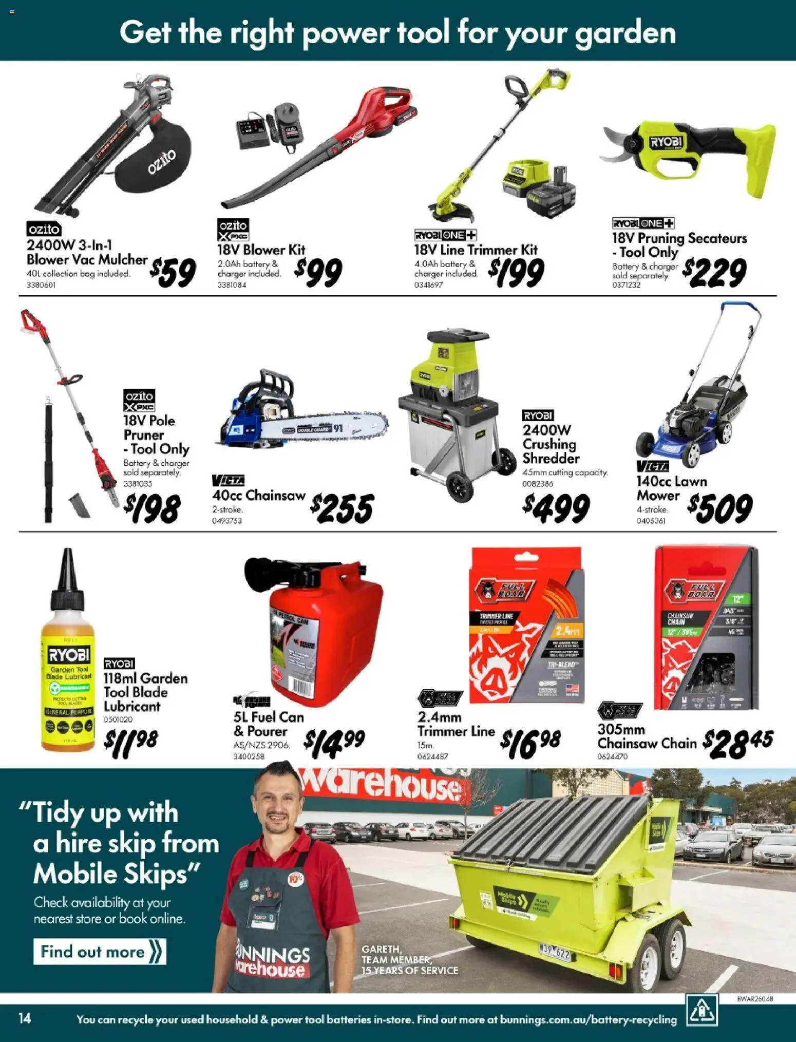 Bunnings Warehouse catalogue - valid from 11.03.2026 | Page: 14 | Products: Battery, Charger, Chainsaw, Shredder