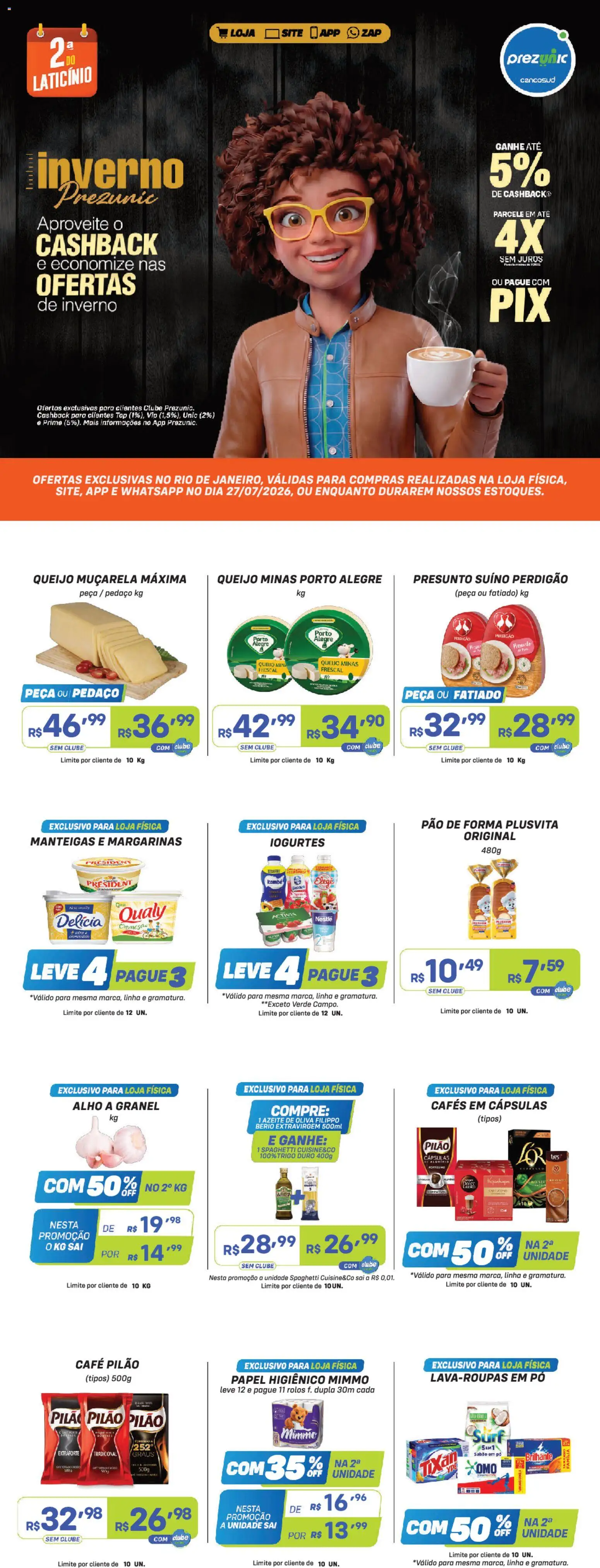 Prezunic Folheto - válido de 27/07/2026 | Página: 1 | Produtos: Queijo, Presunto, Muçarela, Papel higiênico