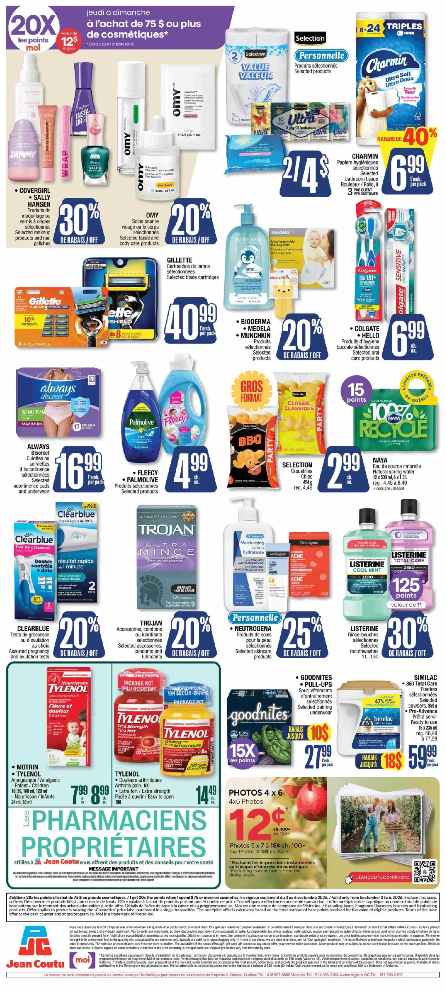 Jean Coutu flyer valid from Sep 3, 2026 | Page: 3 | Products: Chips, Spring water, Box, Underwear