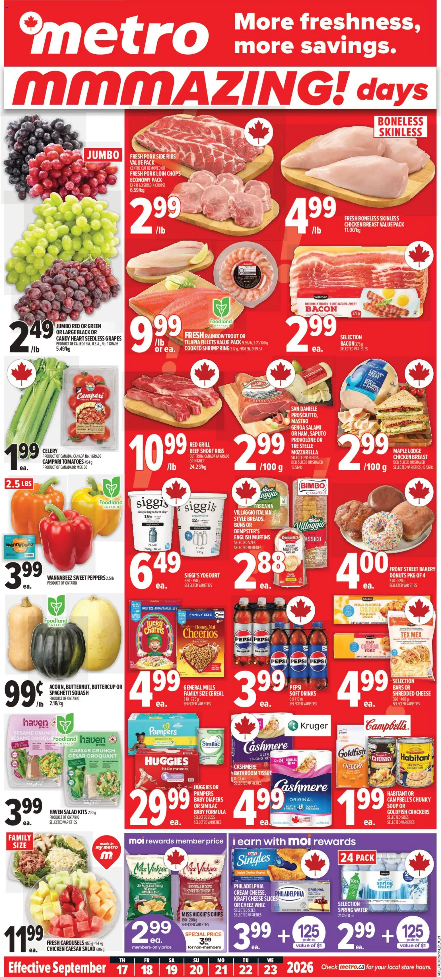 Metro flyer valid from Sep 17, 2026 | Page: 1 | Products: Chips, Honey, Prosciutto, Seedless grapes
