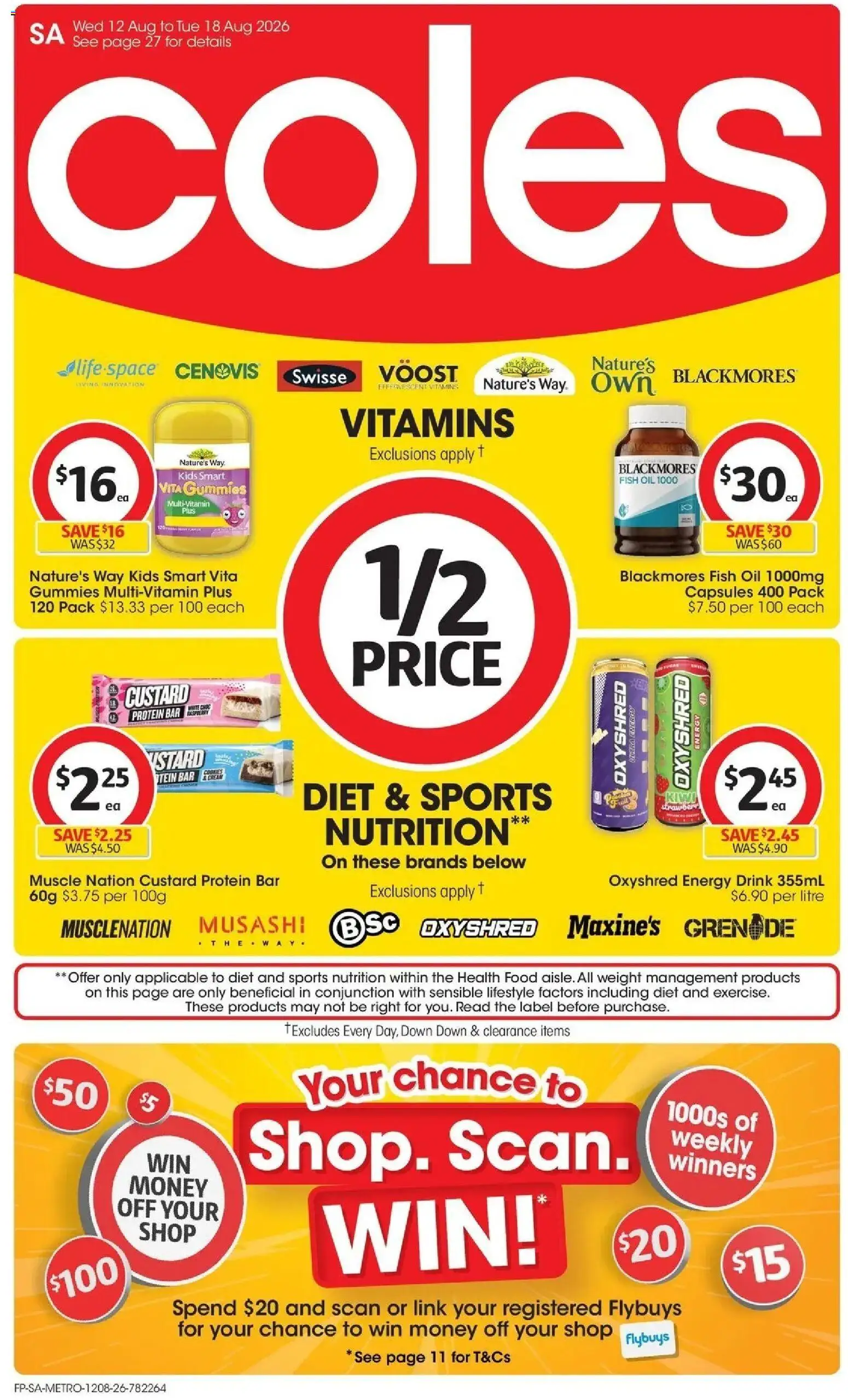 Coles catalogue - valid from 12/08/2026 | Page: 1 | Products: Food, Energy drink, Protein bar, Multivitamin