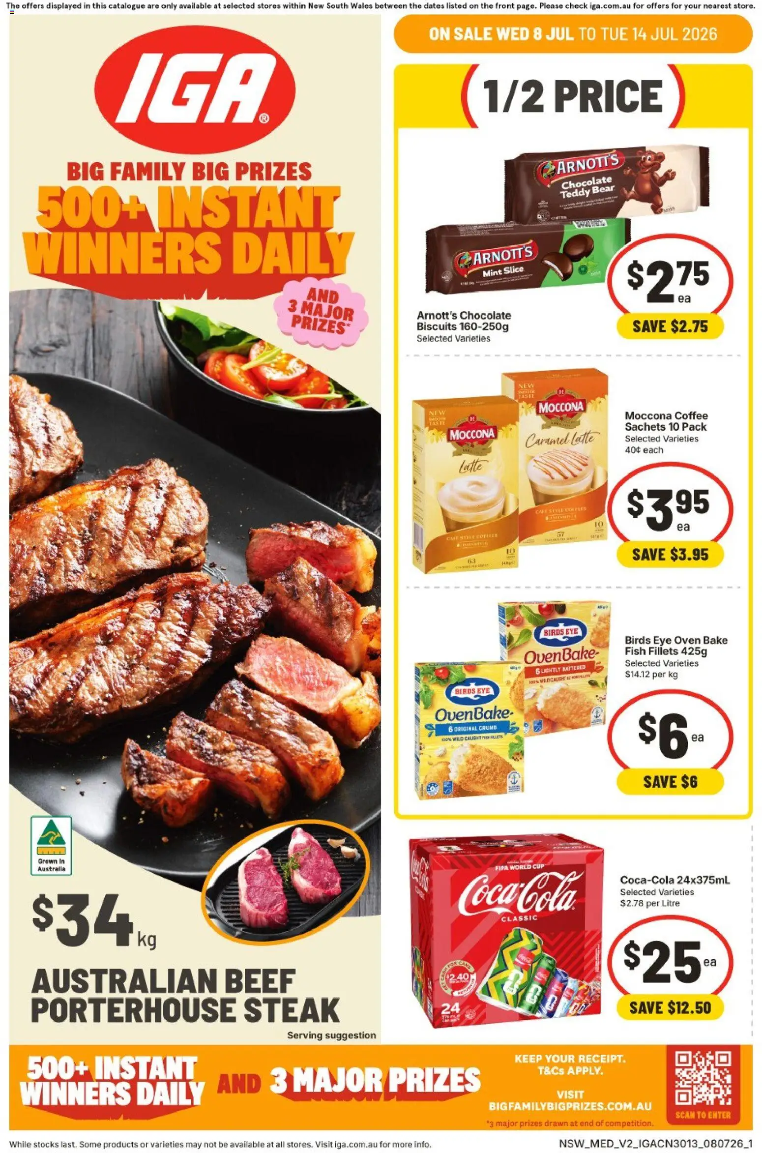 IGA catalogue - valid from 08/07/2026 | Page: 1 | Products: Coffee, Fish, Biscuits, Moccona