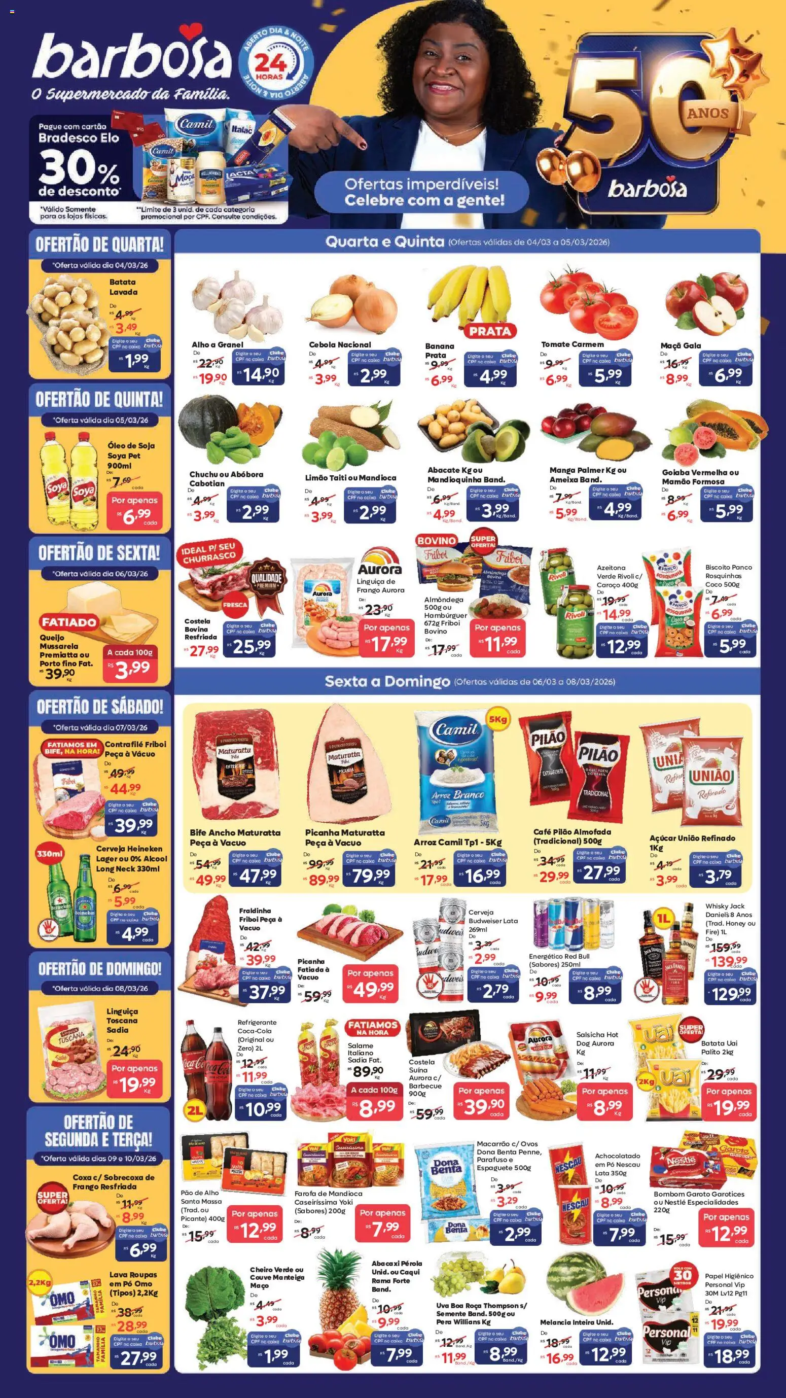 Barbosa Supermercados Folheto - válido de 04.03.2026 | Página: 1 | Produtos: Whisky, Pao de alho, Cerveja, Açúcar