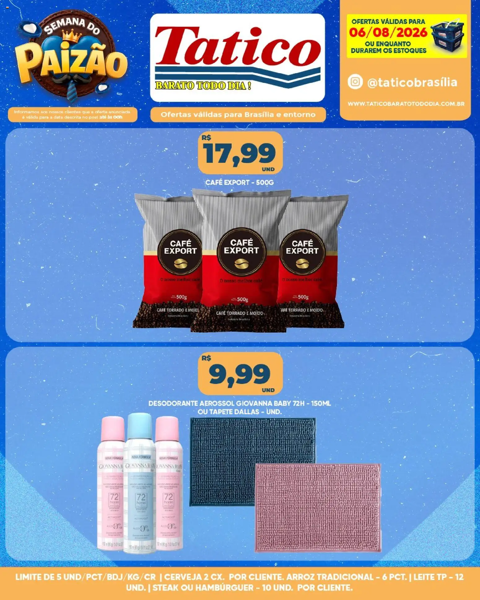 Tatico Folheto - válido de 06/08/2026 | Página: 8 | Produtos: Leite, Cerveja, Arroz, Hambúrguer