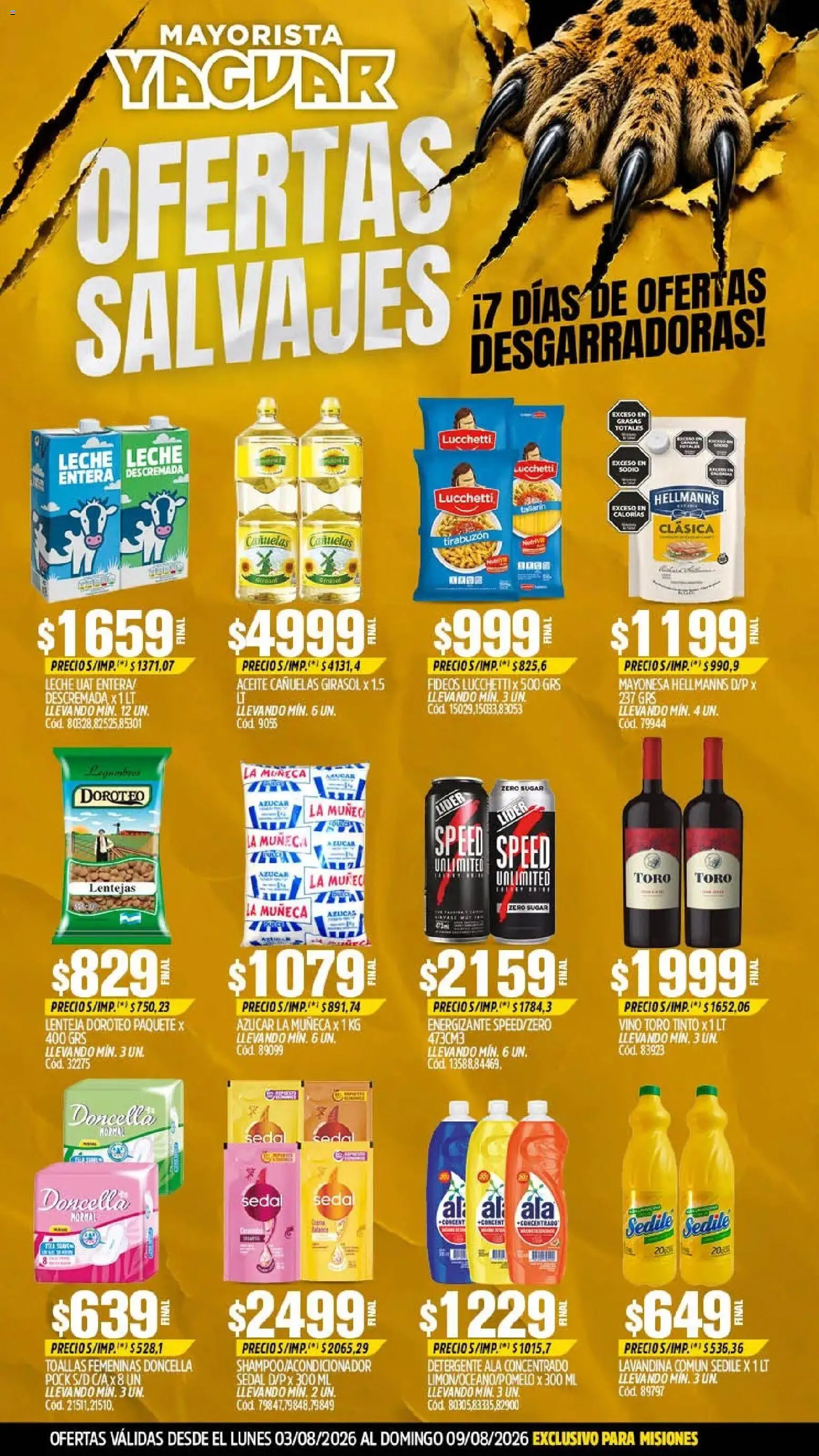 Yaguar - Oferta Semanal Misiones │ válido desde el 03/08/2026 | Página: 1 | Productos: Lavandina, Azucar, Aceite, Detergente