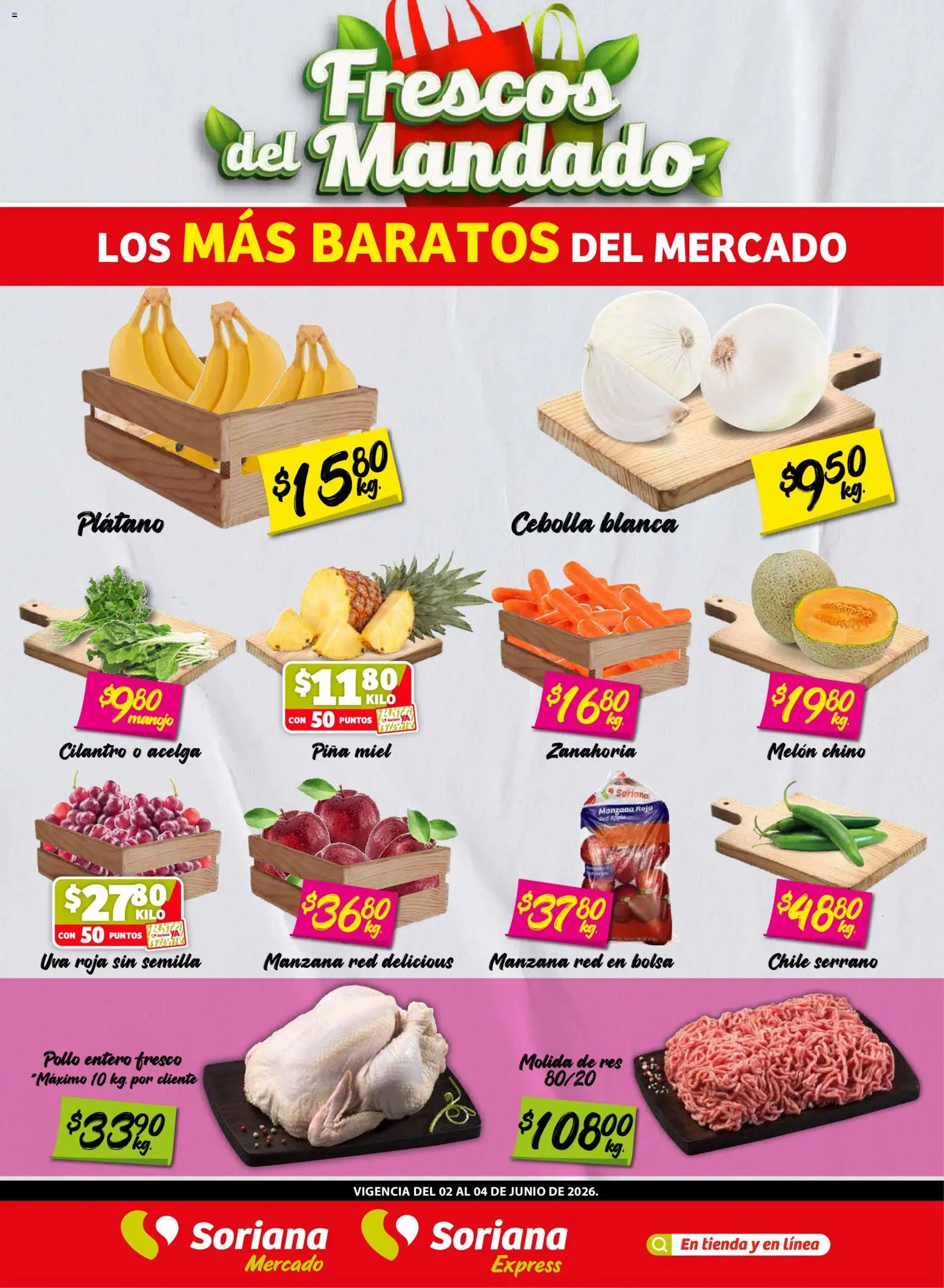 Nuevas ofertas de Soriana válidas en toda la República Mexicana desde el 02.06.2026. ¡Encuentra las mejores ofertas en Soriana Frescos del Mandado Mercado: Ver, Tab, Chis, Camp, Yuc y Q. Roo! | Página: 1 | Productos: Melón, Bolsa, Manzana, Uva