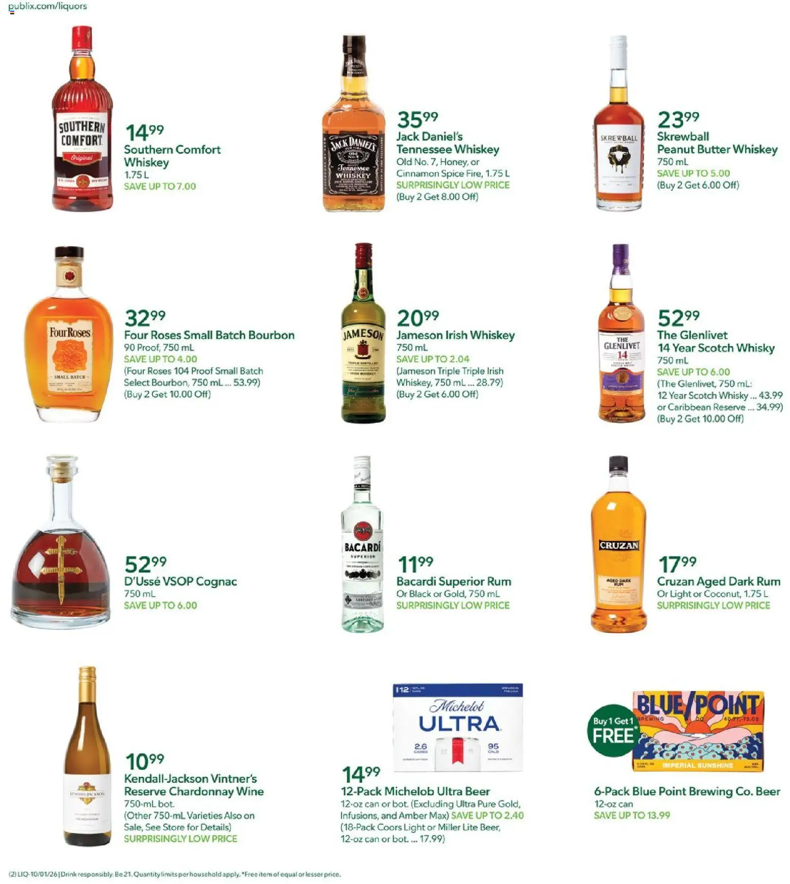 Publix Liquor Ad - valid from 10/01/2026 | Page: 2 | Products: Bourbon, Dark rum, Bacardi, Cognac