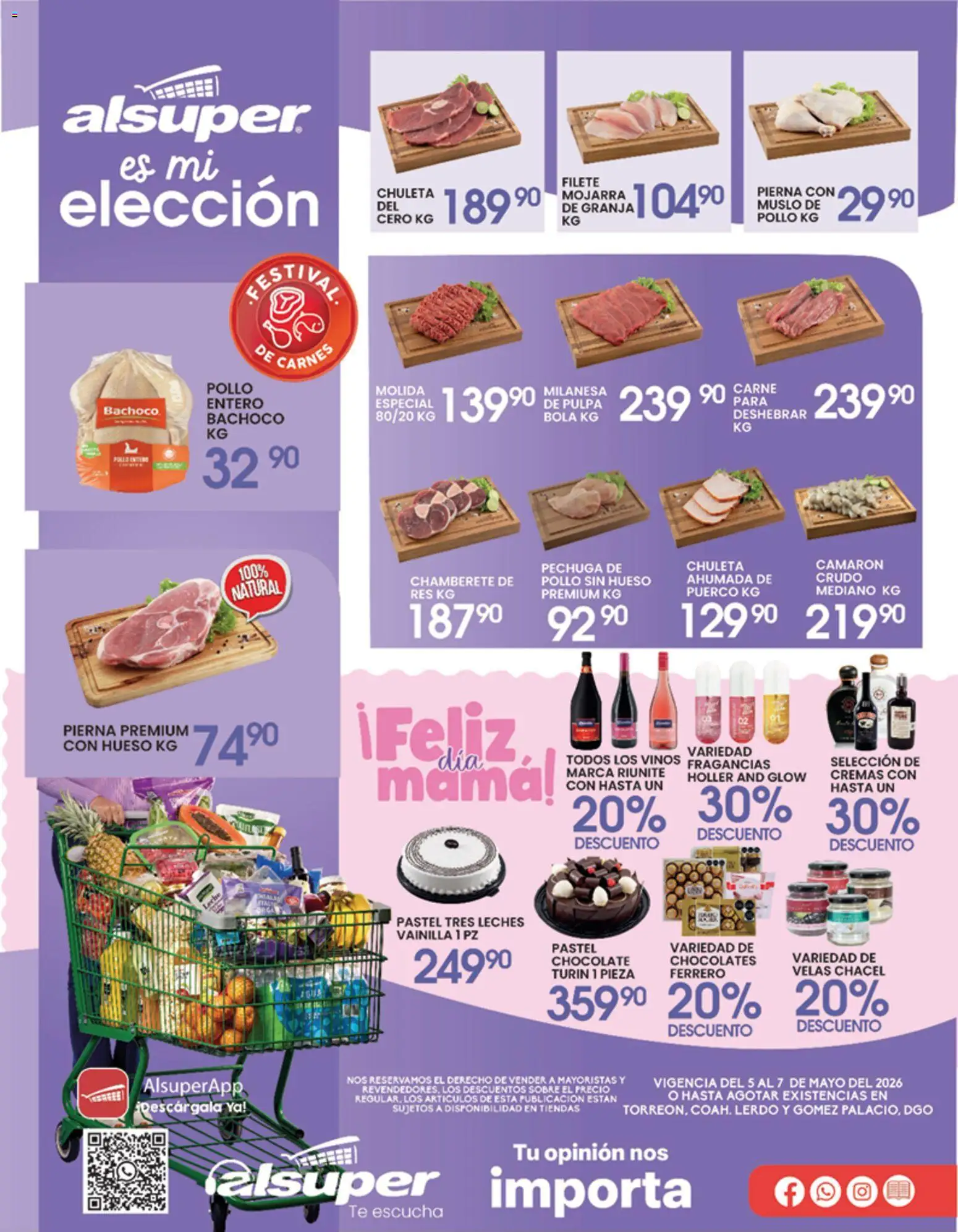 Nuevas ofertas de Alsuper válidas en toda la República Mexicana desde el 05.05.2026. ¡Encuentra las mejores ofertas en Alsuper folleto Laguna! | Página: 1 | Productos: Pollo, Milanesa, Pastel, Sobre