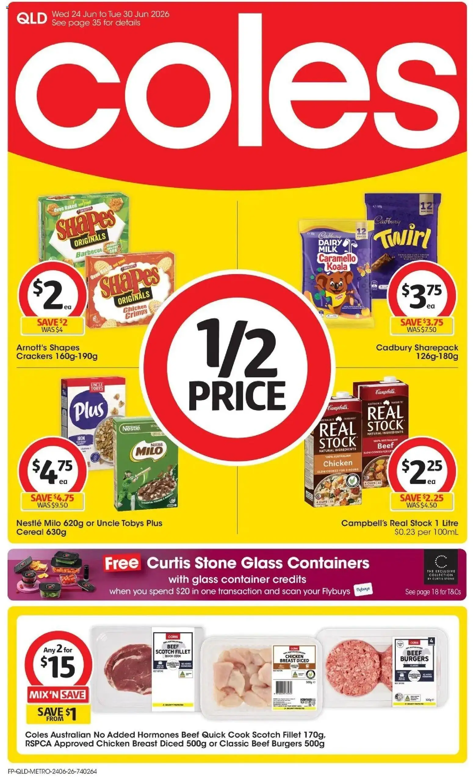 Coles catalogue - valid from 23/06/2026 | Page: 1 | Products: Crackers, Chicken, Cereal, Scotch
