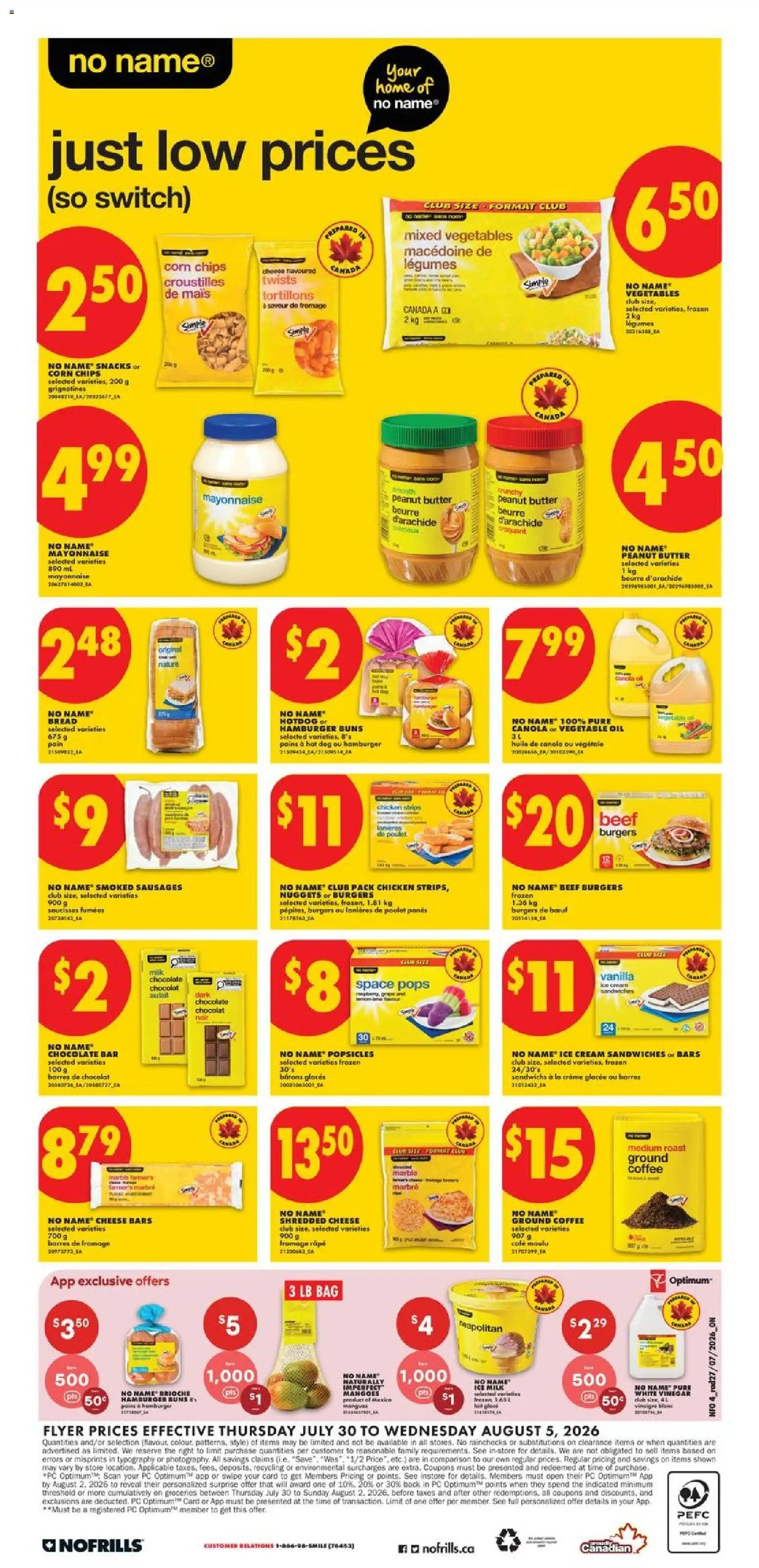 No Frills flyer valid from Jul 30, 2026 | Page: 5 | Products: PC, Bread, Chocolate, Chicken