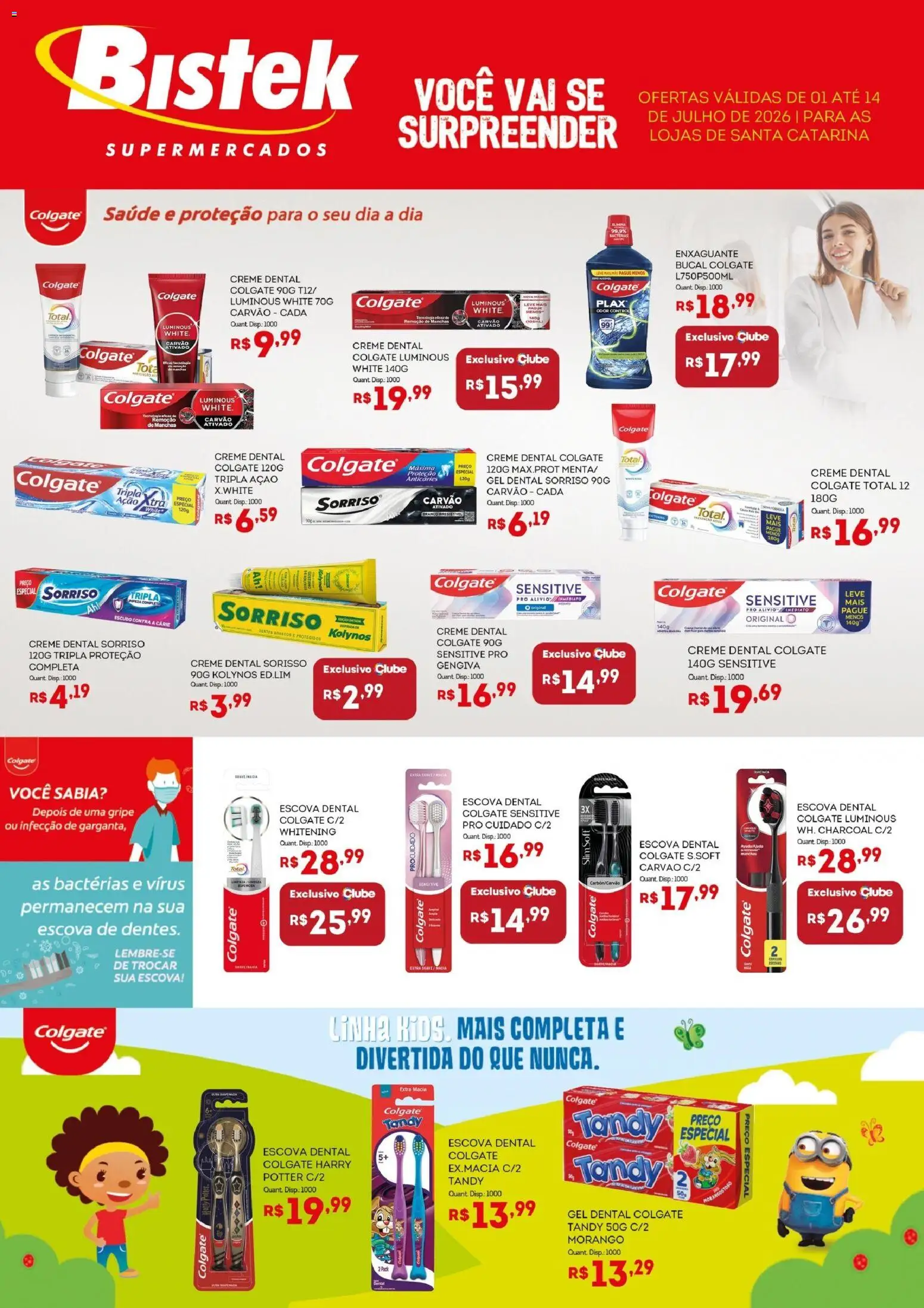 Bistek Supermercados Folheto - válido de 01/07/2026 | Página: 1 | Produtos: Creme dental colgate total, Escova, Creme, Creme dental