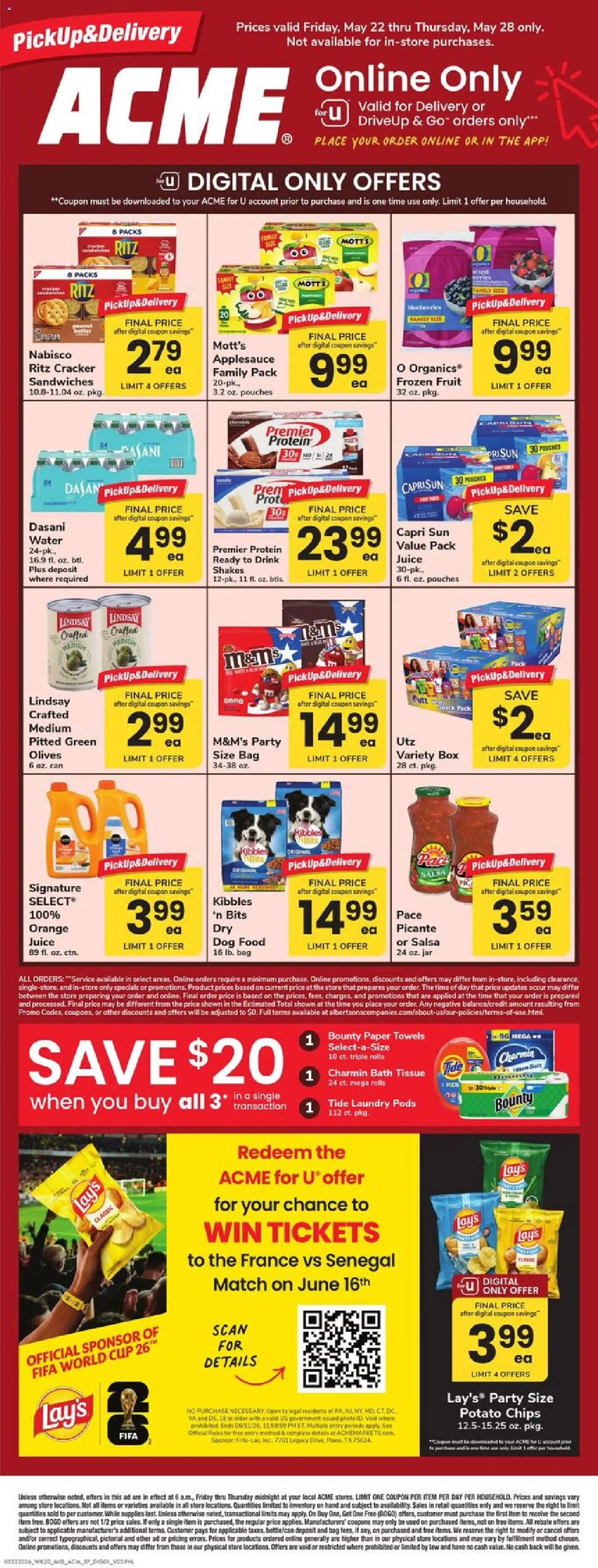 Acme Specialty Publication - valid from 22.05.2026 | Page: 1 | Products: Juice, Chips, Water, Bag