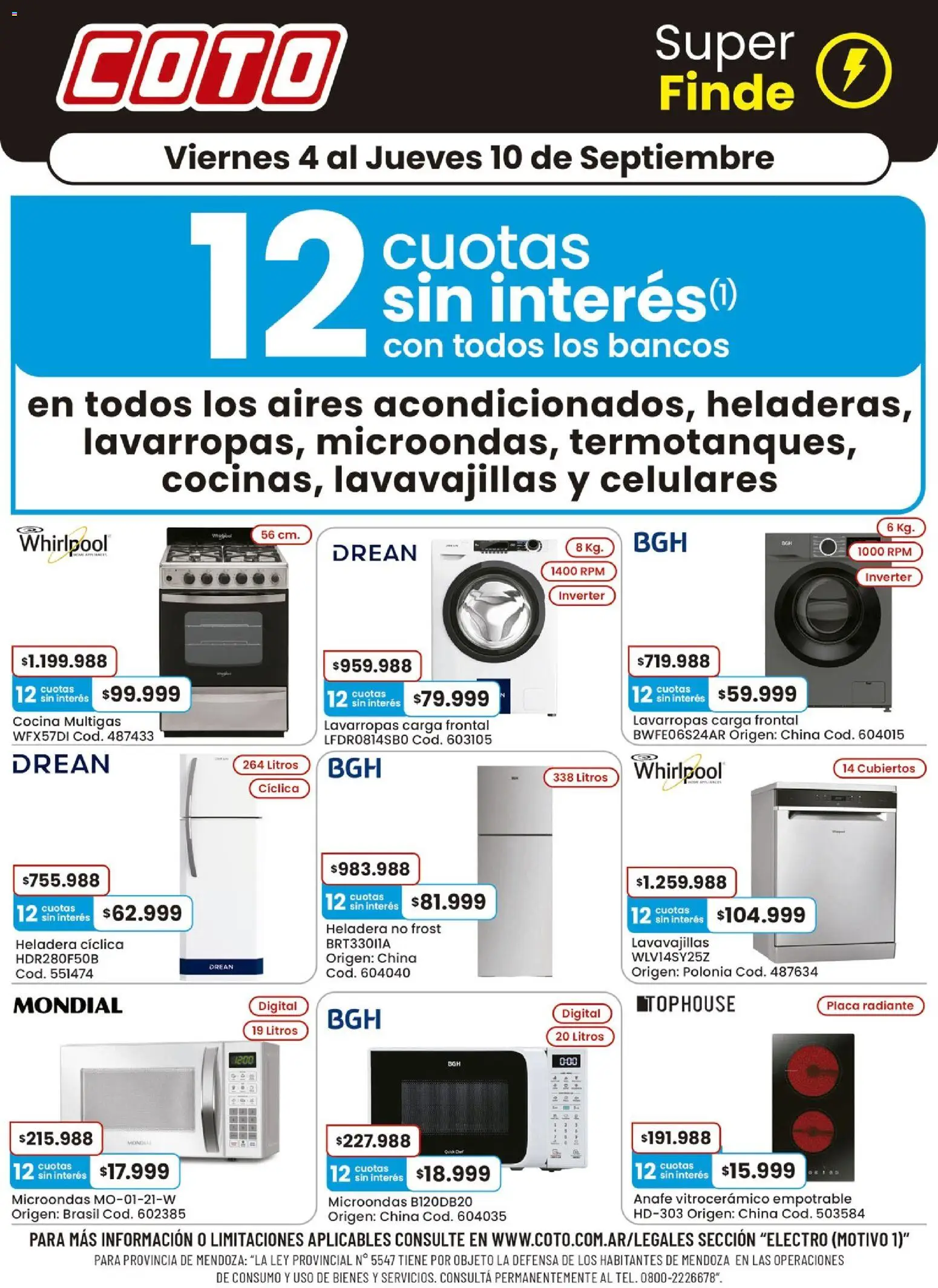 Coto - Electro Motivo │ válido desde el 04/09/2026 | Página: 1 | Productos: Anafe, Lavavajillas, Heladera, Radiante