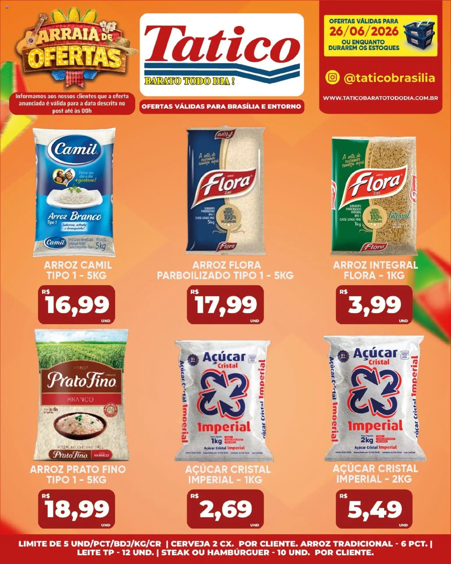Tatico Folheto - válido de 26/06/2026 | Página: 15 | Produtos: Leite, Arroz, Hambúrguer, Açúcar
