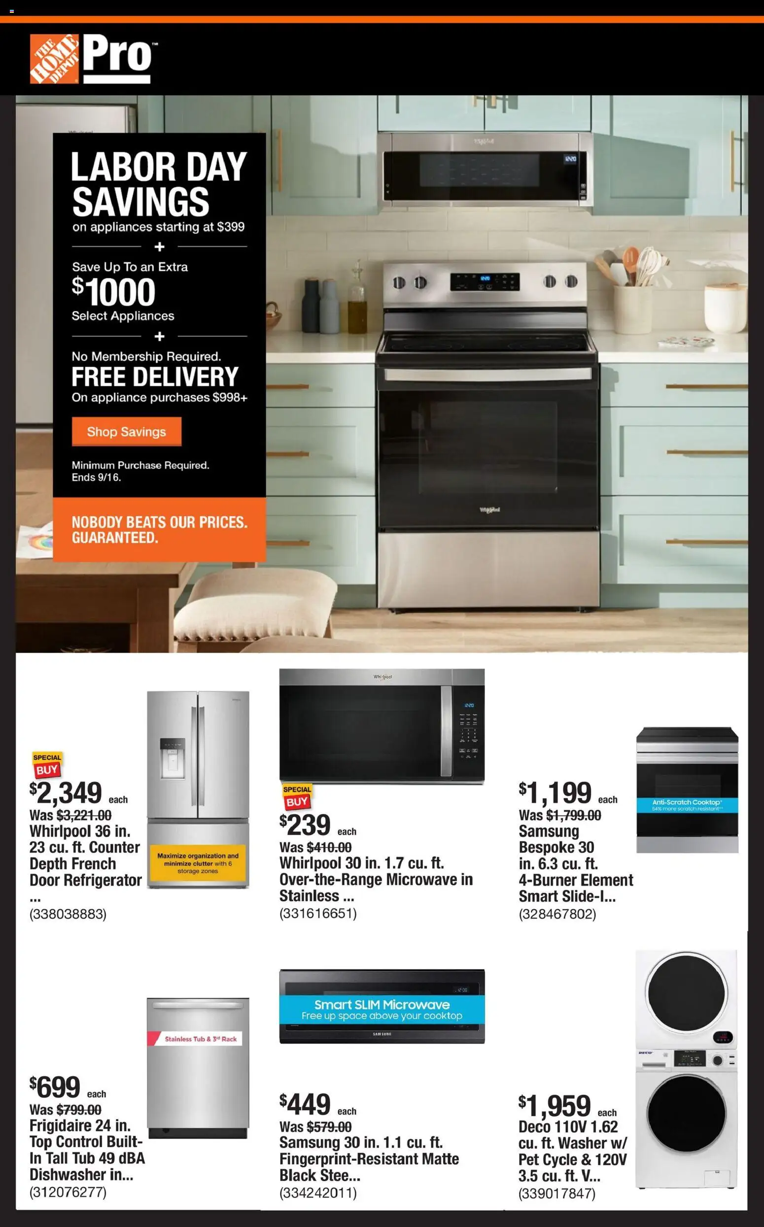 Home Depot Shop Pro Ad - valid from 08/31/2026 | Page: 1 | Products: Cooktop, Washer, Refrigerator, Dishwasher