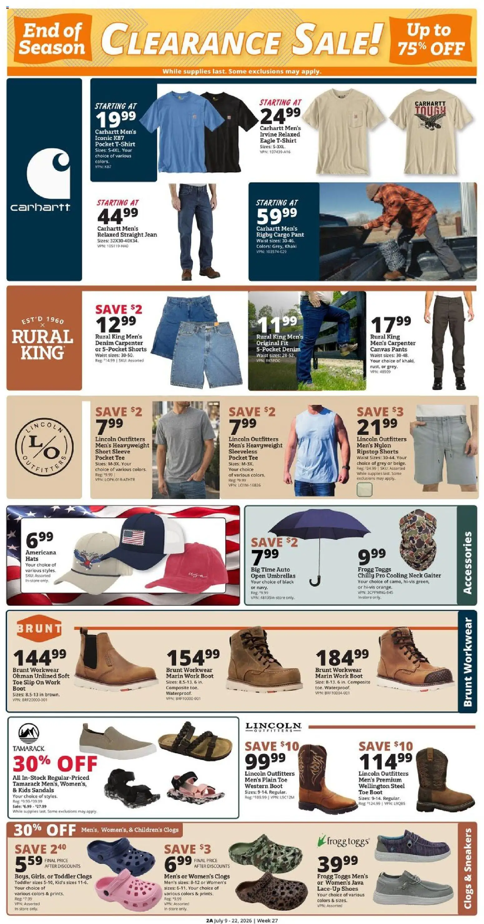 Rural King Weekly Ad - valid from 07/09/2026 | Page: 4 | Products: Workwear, Pants, Sneakers, Sandals