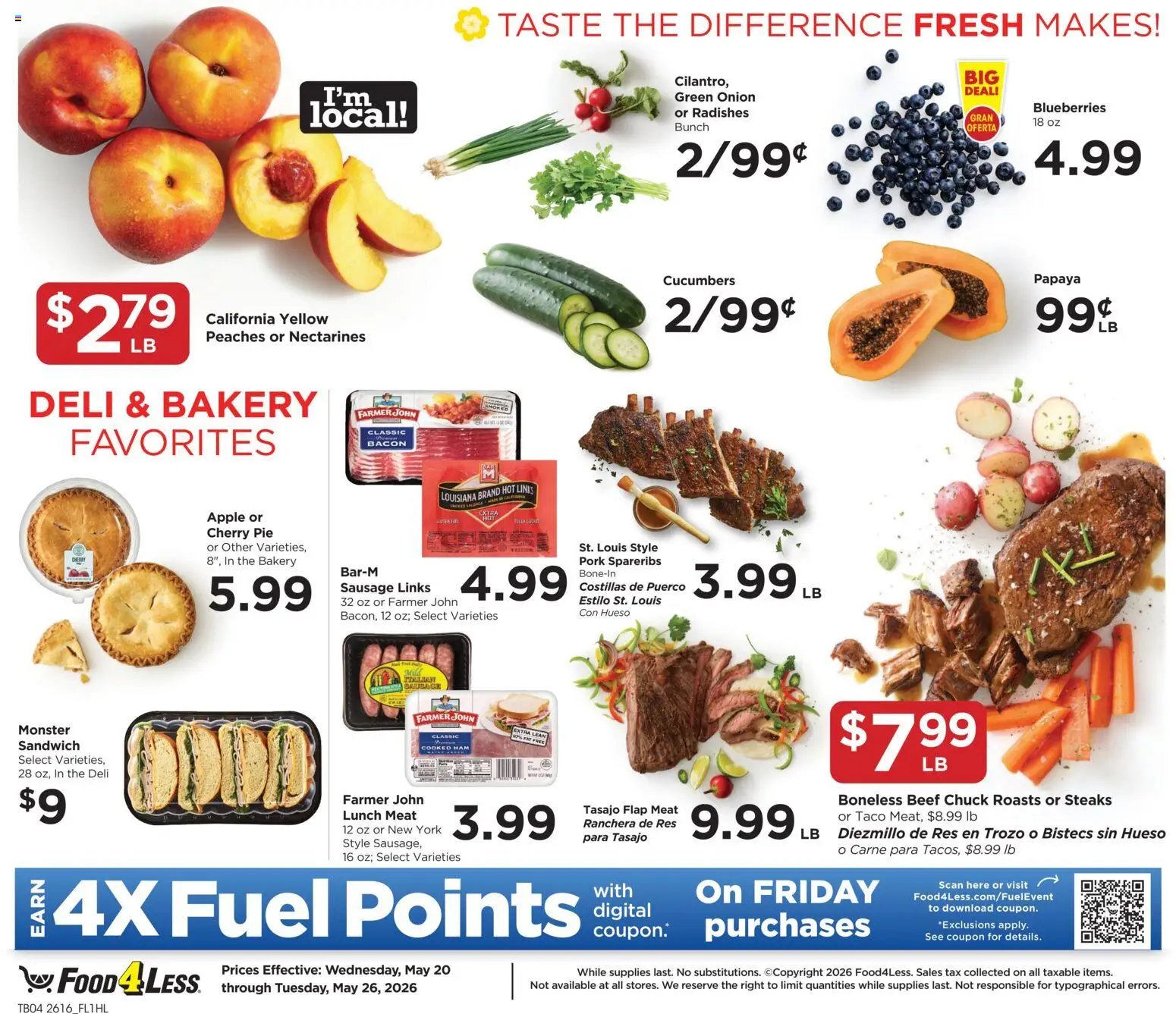 Food 4 Less Weekly Ad - valid from 20.05.2026 | Page: 5 | Products: Pork, Beef, Blueberries, Onion