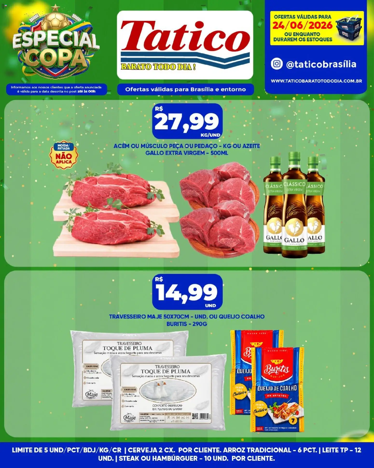 Tatico Folheto - válido de 24/06/2026 | Página: 10 | Produtos: Travesseiro, Queijo coalho, Sapatos, Hambúrguer