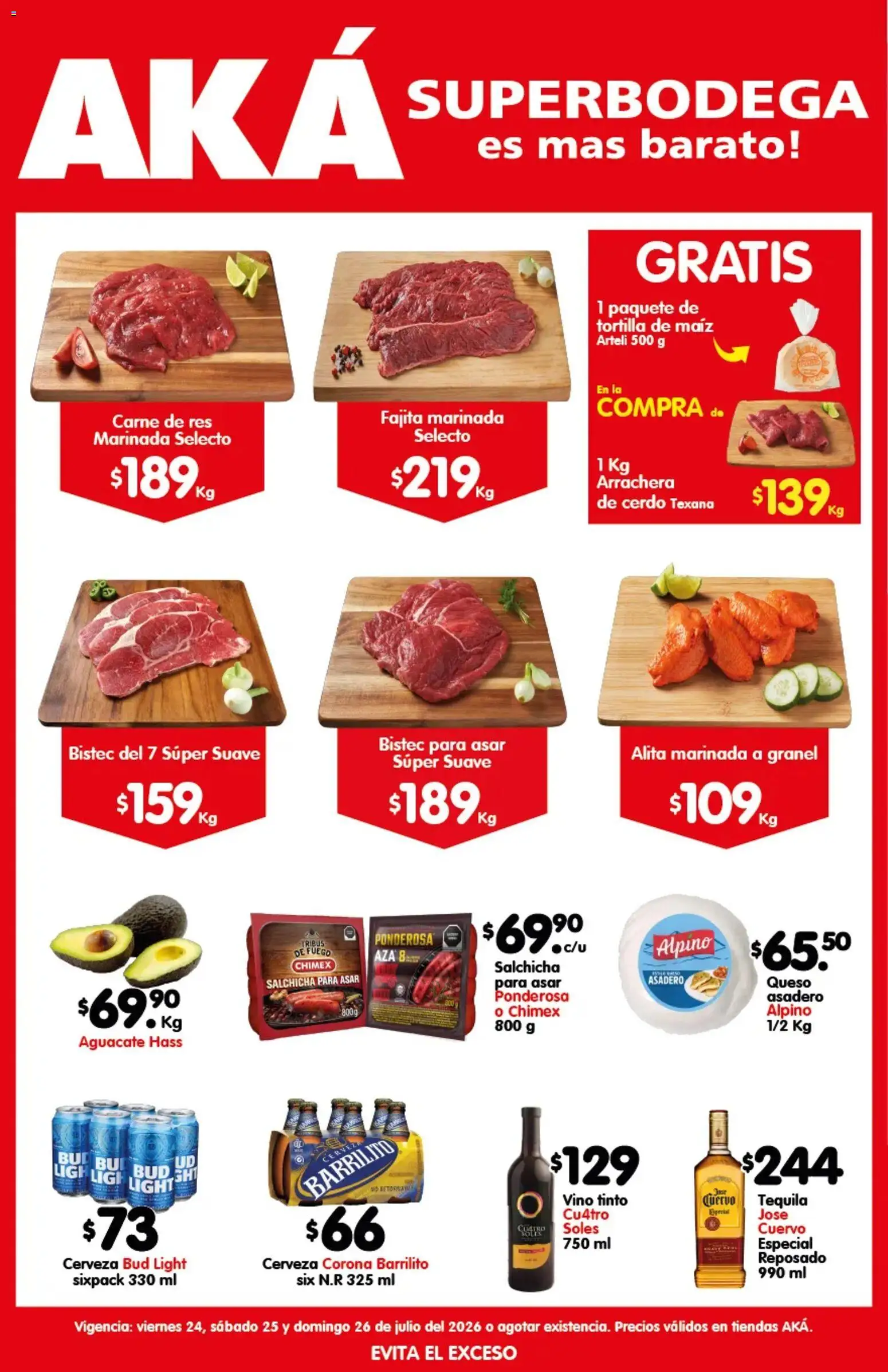 Nuevas ofertas de Arteli válidas en toda la República Mexicana desde el 24/07/2026. ¡Encuentra las mejores ofertas en Arteli folleto Carnita Asada Aká Superbodegas! | Página: 1 | Productos: Cerveza, Cerdo, Res, Vino