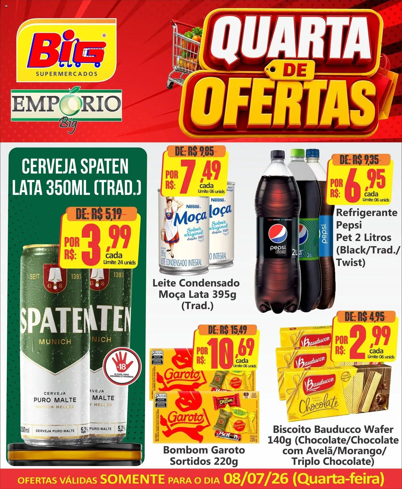 Big Supermercados Folheto - válido de 08/07/2026 | Página: 1 | Produtos: Biscoito, Leite, Chocolate, Açúcar