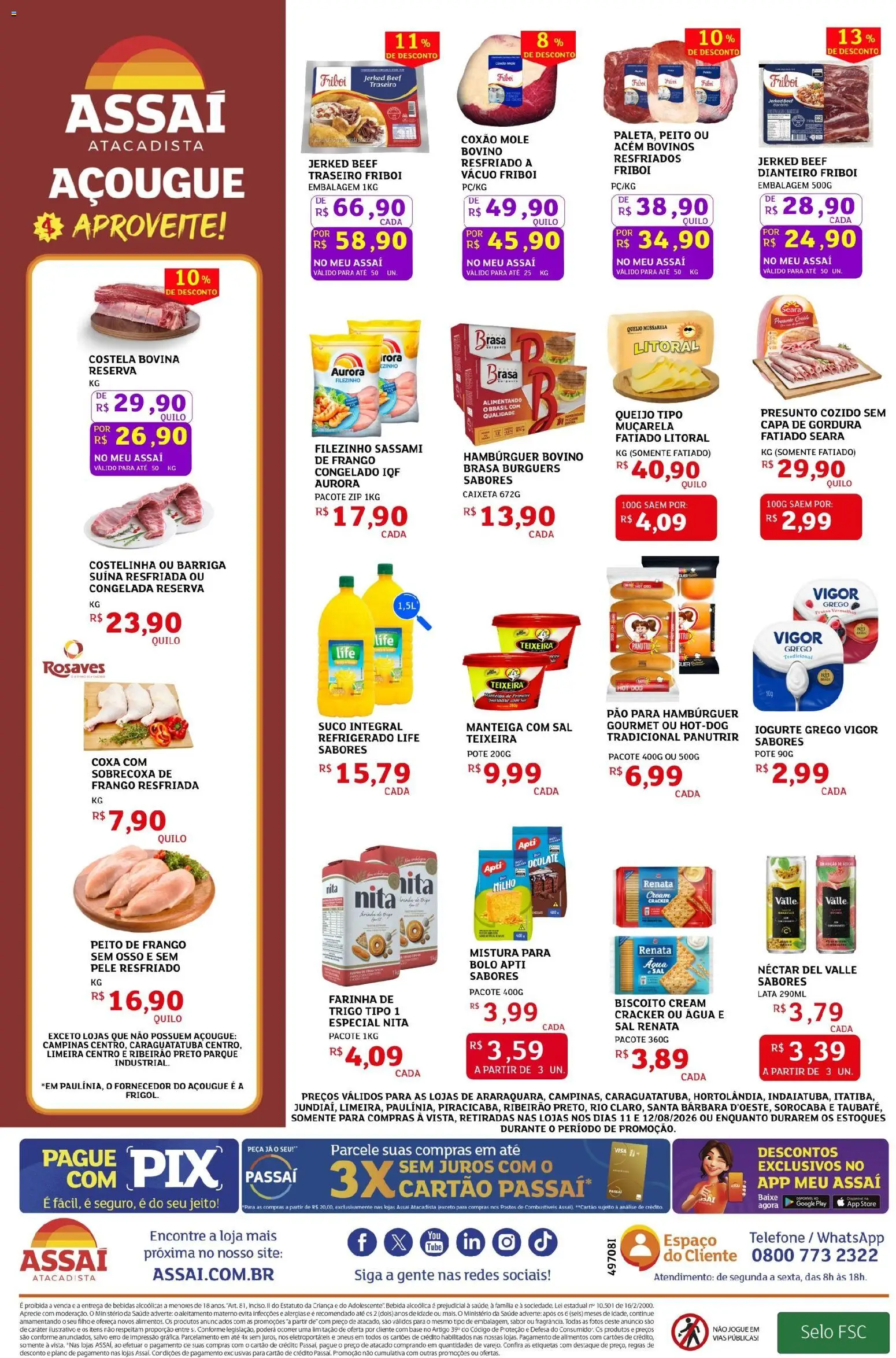 Assaí Atacadista Folheto - válido de 11/08/2026 | Página: 2 | Produtos: Farinha, Costela bovina, Mussarela, Peito de frango