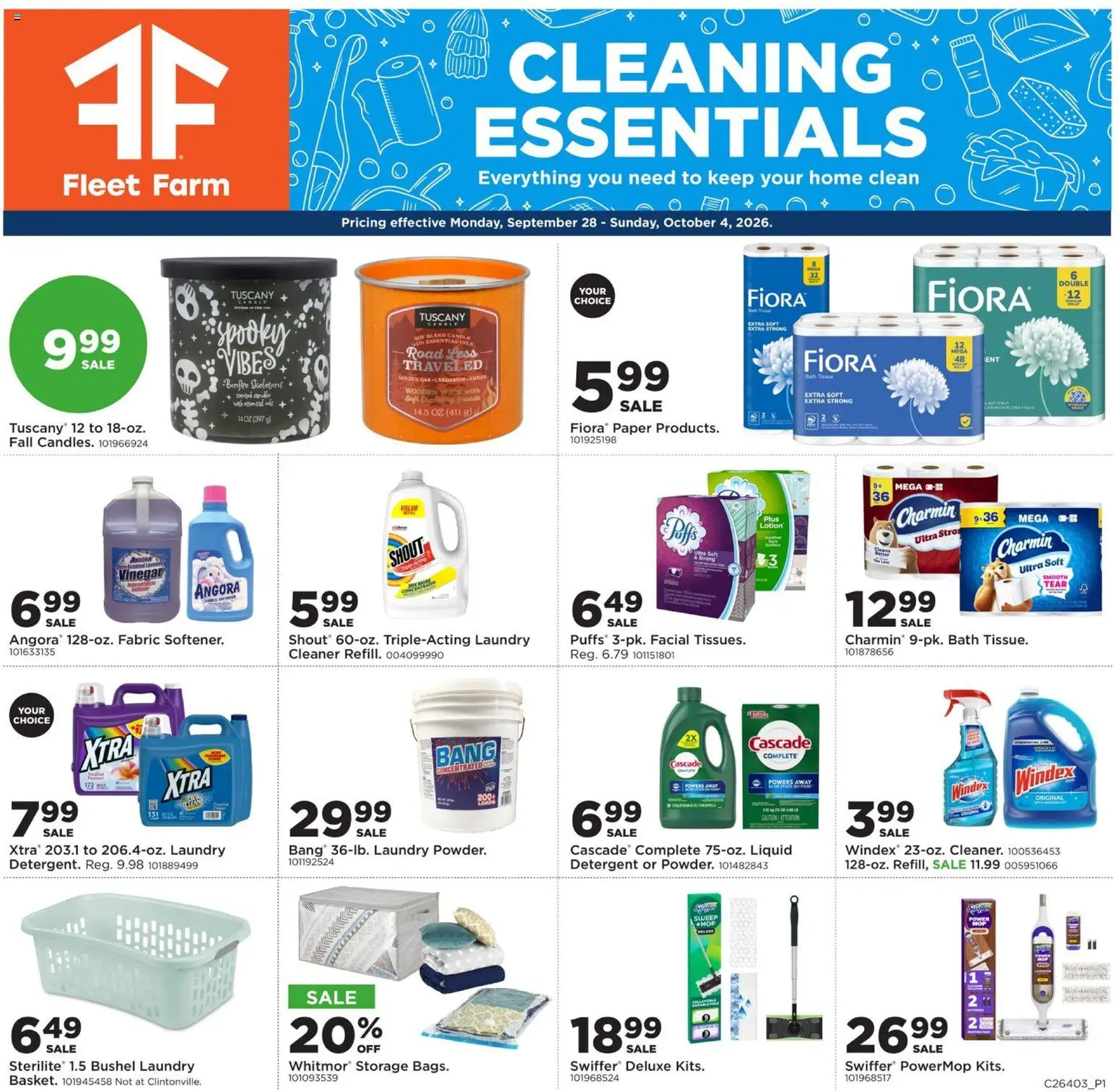 Mills Fleet Farm Cleaning Ad - valid from 09/28/2026 | Page: 1 | Products: Vinegar, Bath, Cardamom, Mop