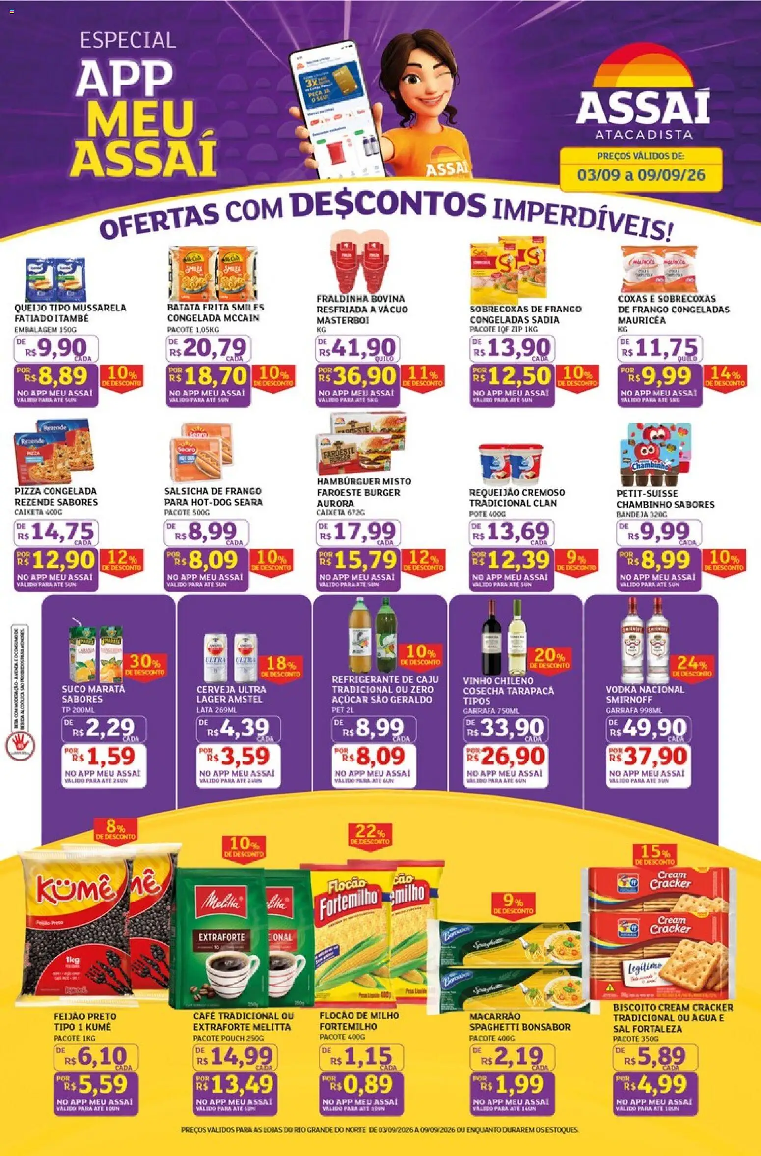 Assaí Atacadista Folheto - válido de 03/09/2026 | Página: 1 | Produtos: Salsicha, Suco, Hambúrguer, Sal