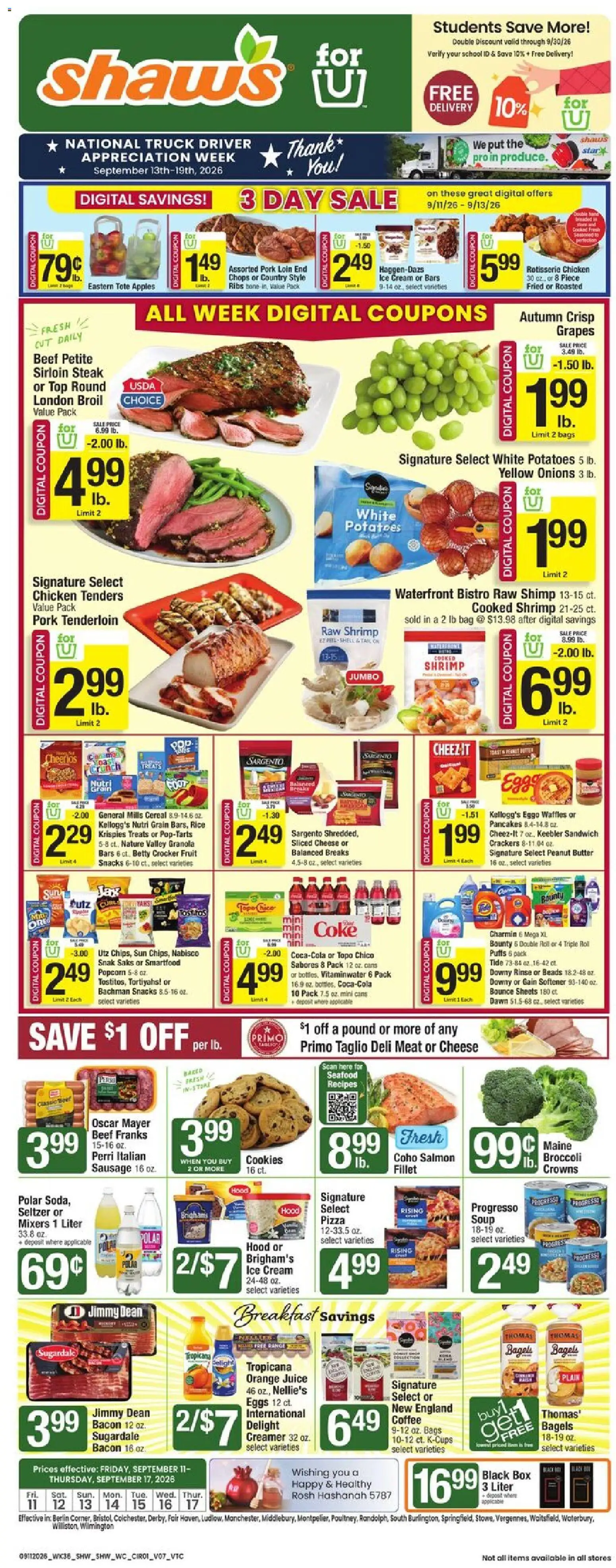 Shaw's Weekly Ad - valid from 09/11/2026 | Page: 1 | Products: Box, Meat, Coffee, Grapes