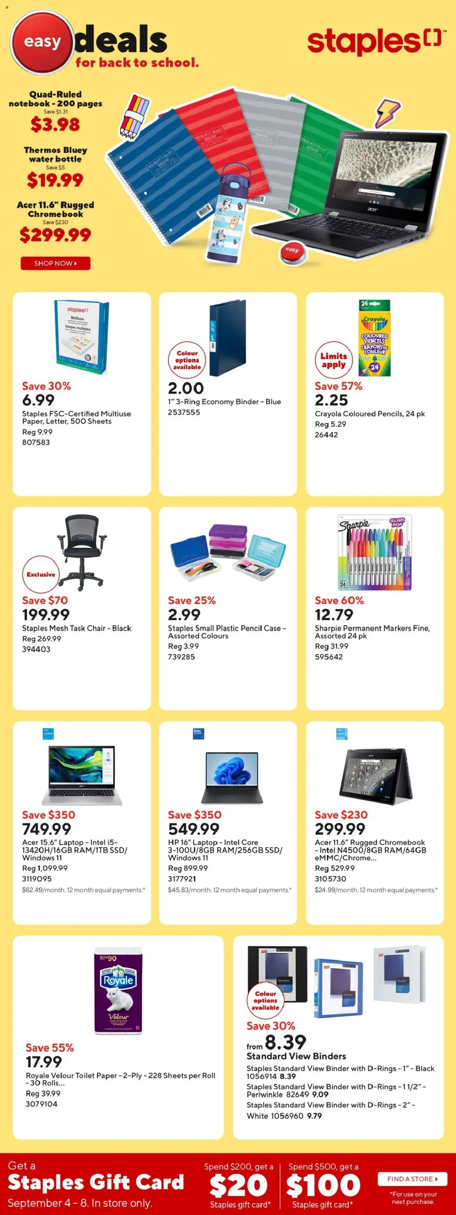 Staples flyer valid from Sep 4, 2026 | Page: 1 | Products: Water, Case, Laptop, Chair