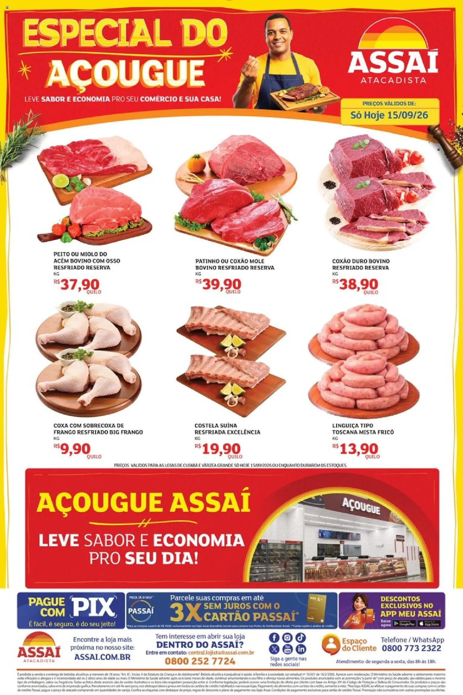 Assaí Atacadista Folheto - válido de 15/09/2026 | Página: 1 | Produtos: Sobrecoxa de frango, Coxão mole, Linguiça, Pneus
