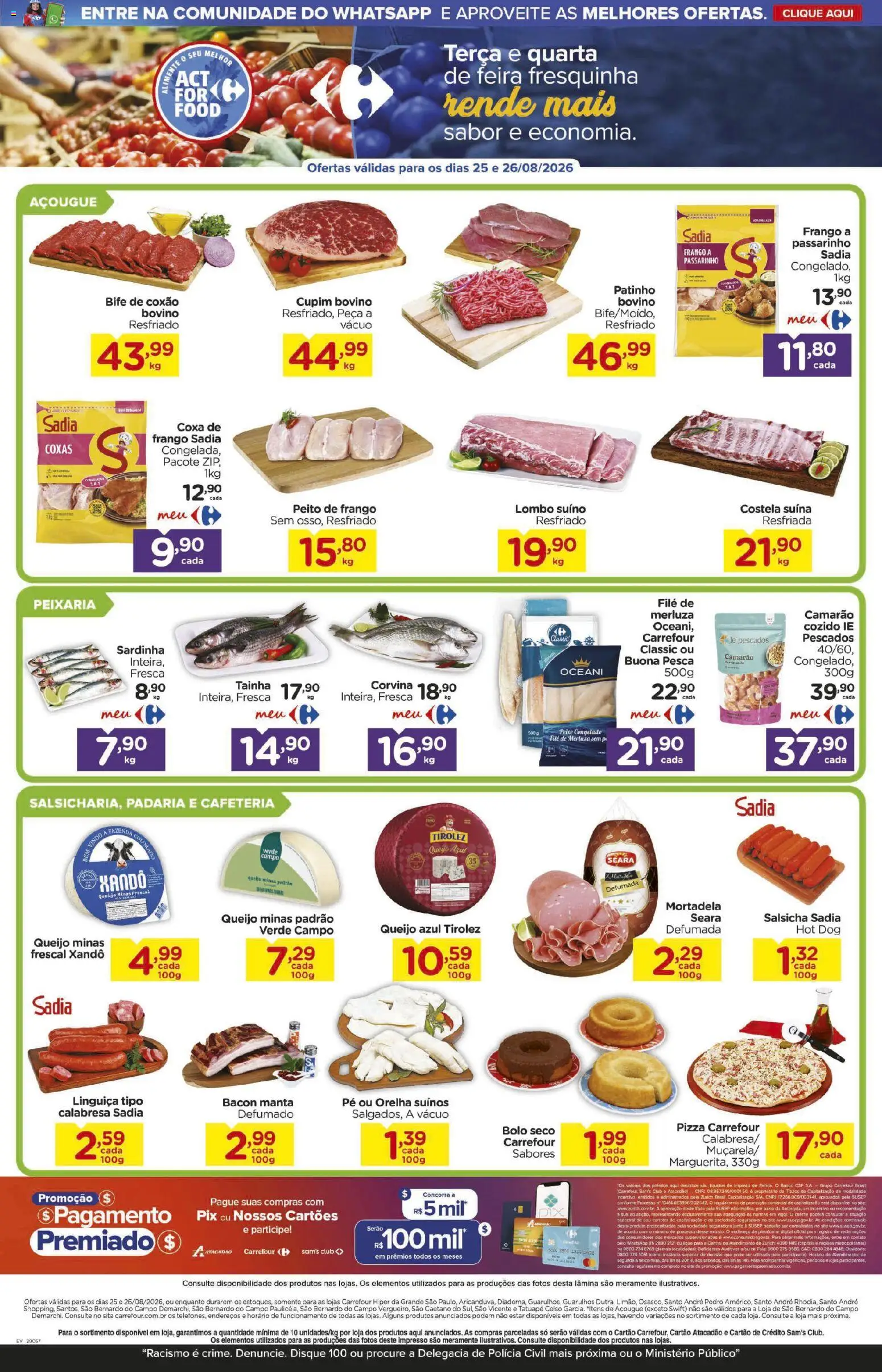 Carrefour Folheto - válido de 25/08/2026 | Página: 2 | Produtos: Salsicha, Linguiça, Bacon, Peito de frango