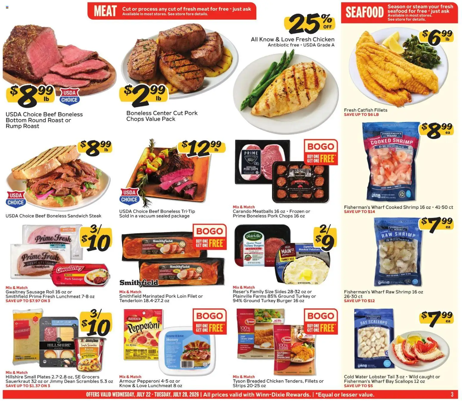 Winn Dixie Weekly Ad - valid from 07/22/2026 | Page: 3 | Products: Vacuum, Pork, Beef, Sausage