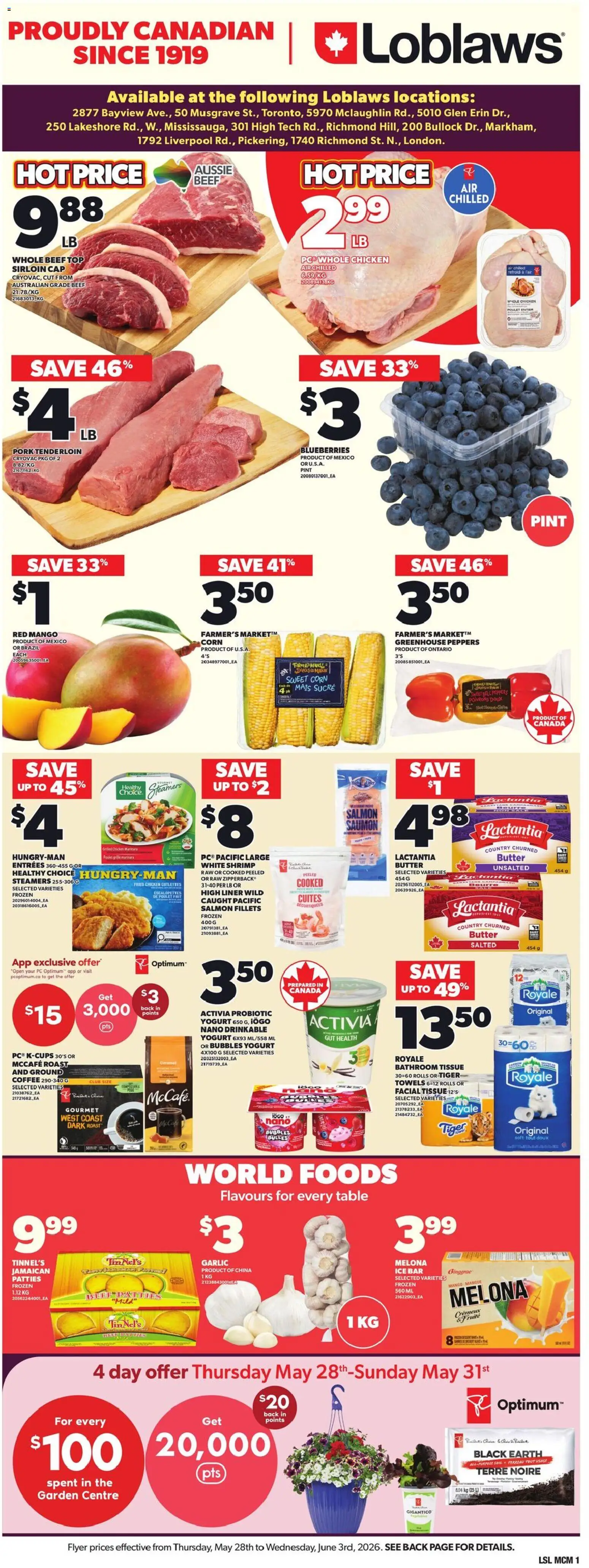 Loblaws flyer valid from 28.05.2026 | Page: 3 | Products: Cap, Table, Coffee, Pork