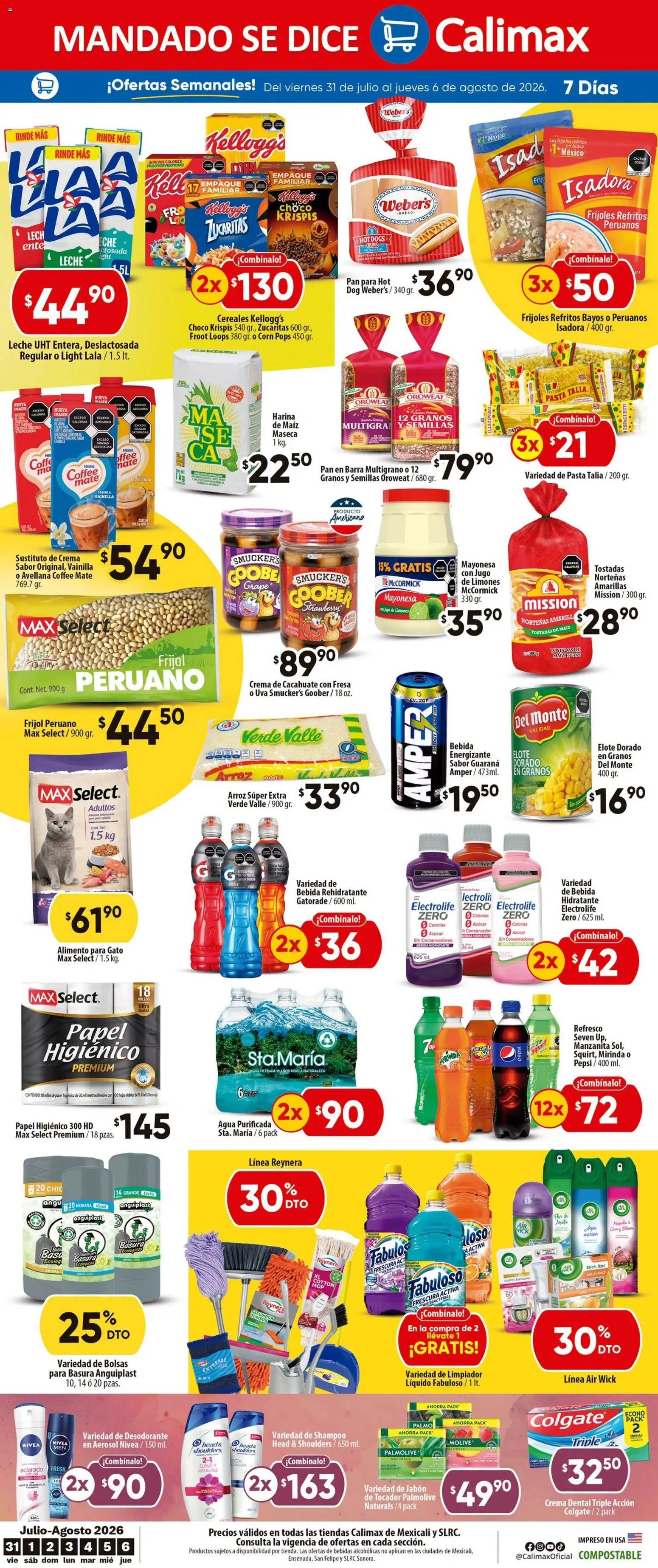 Nuevas ofertas de Calimax válidas en toda la República Mexicana desde el 31/07/2026. ¡Encuentra las mejores ofertas en Calimax folleto Mexicali y SLRC! | Página: 4 | Productos: Harina, Agua, Arroz, Papel higiénico