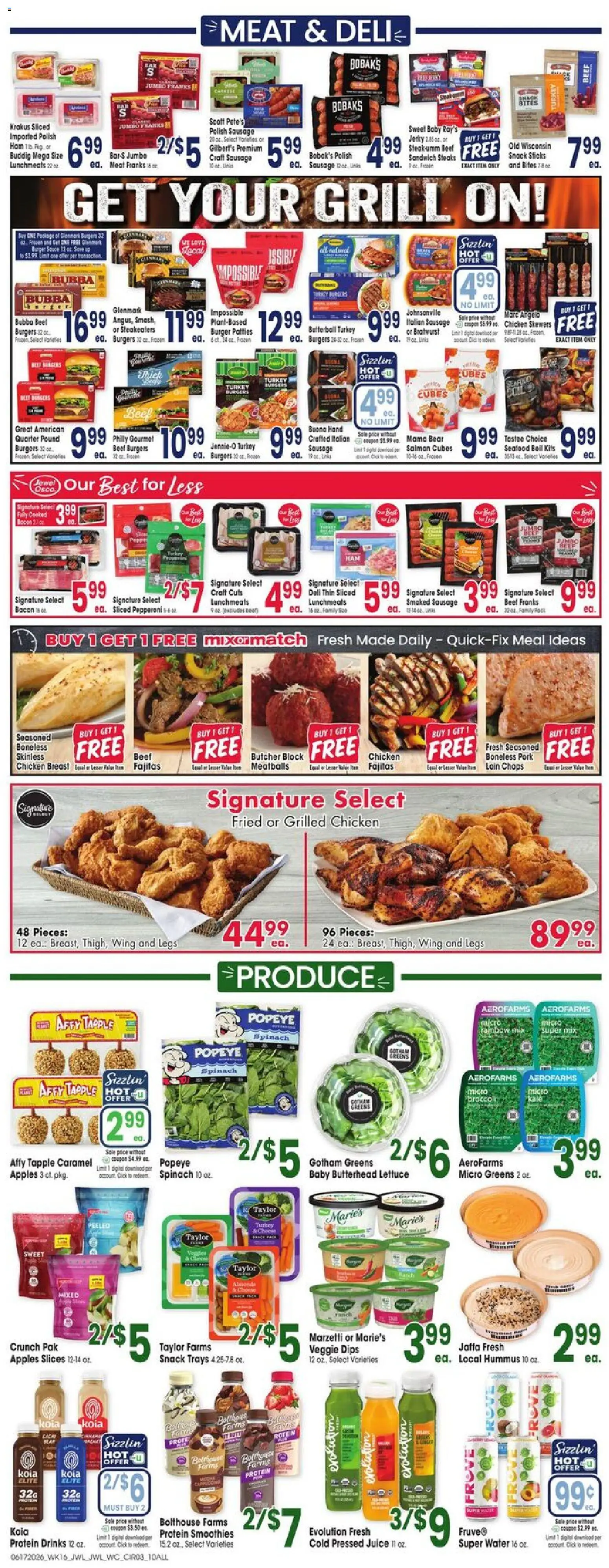 Jewel Osco Weekly Ad - IA - valid from 17.06.2026 | Page: 3 | Products: Spinach, Juice, Seafood, Sausage