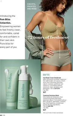 Preview of Full Body Cream Deodorant, With refreshing cucumber fragrance, this lightweight, non-greasy cream dries clear and helps eliminate odours. Contains panthenol and vitamin E. Formulated without aluminum, dyes, parabens and phthalates. 90 ml from shop Avon valid from 23.04.2026 | Page: 88