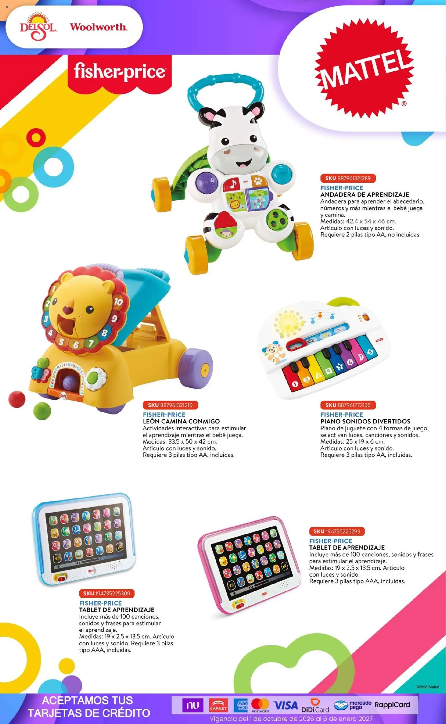 Nuevas ofertas de Del Sol y Woolworth válidas en toda la República Mexicana desde el 01/10/2026. ¡Encuentra las mejores ofertas en Del Sol y Woolworth catálogo El Castillo del Juguete! | Página: 4 | Productos: Tablet, Pilas