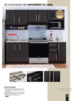 Vista previa de COCINA INTEGRAL, Estructura de madera de pino, color chocolate, tarja doble tina de acero inoxidable. Incluye lave mezcladora y contracanastas. Medidas: Base fregadero: 90 x 70 x 65 cm Parte superior: 241 x 82 x 37 cm, nuevo folleto de la tienda, válido en México a partir del 13.06.2025 | Página: 45 | Productos: Cocina