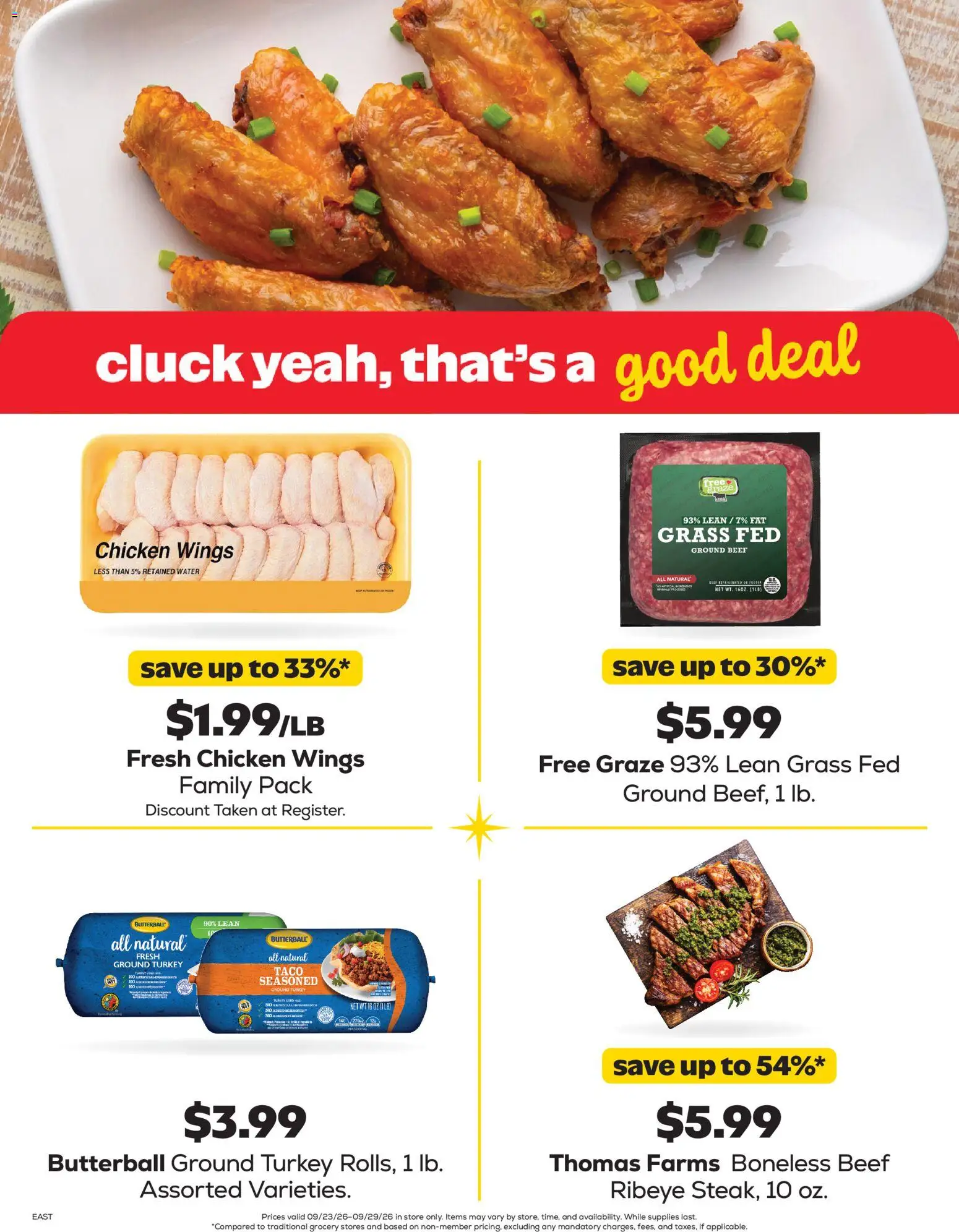 Grocery Outlet Weekly Ad - valid from 09/23/2026 | Page: 3 | Products: Chicken wings, Beef, Water, Ground beef