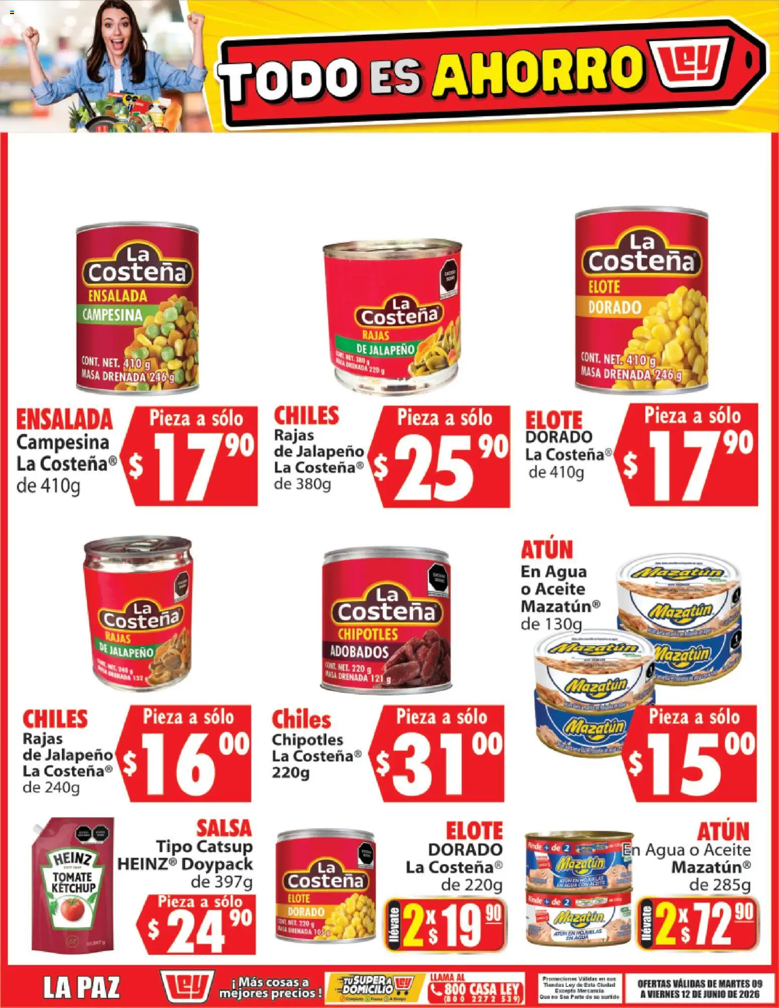 Nuevas ofertas de Casa Ley válidas en toda la República Mexicana desde el 09.06.2026. ¡Encuentra las mejores ofertas en Casa Ley folleto Todo es ahorro! | Página: 5 | Productos: Atún, Tomate, Agua, Ensalada