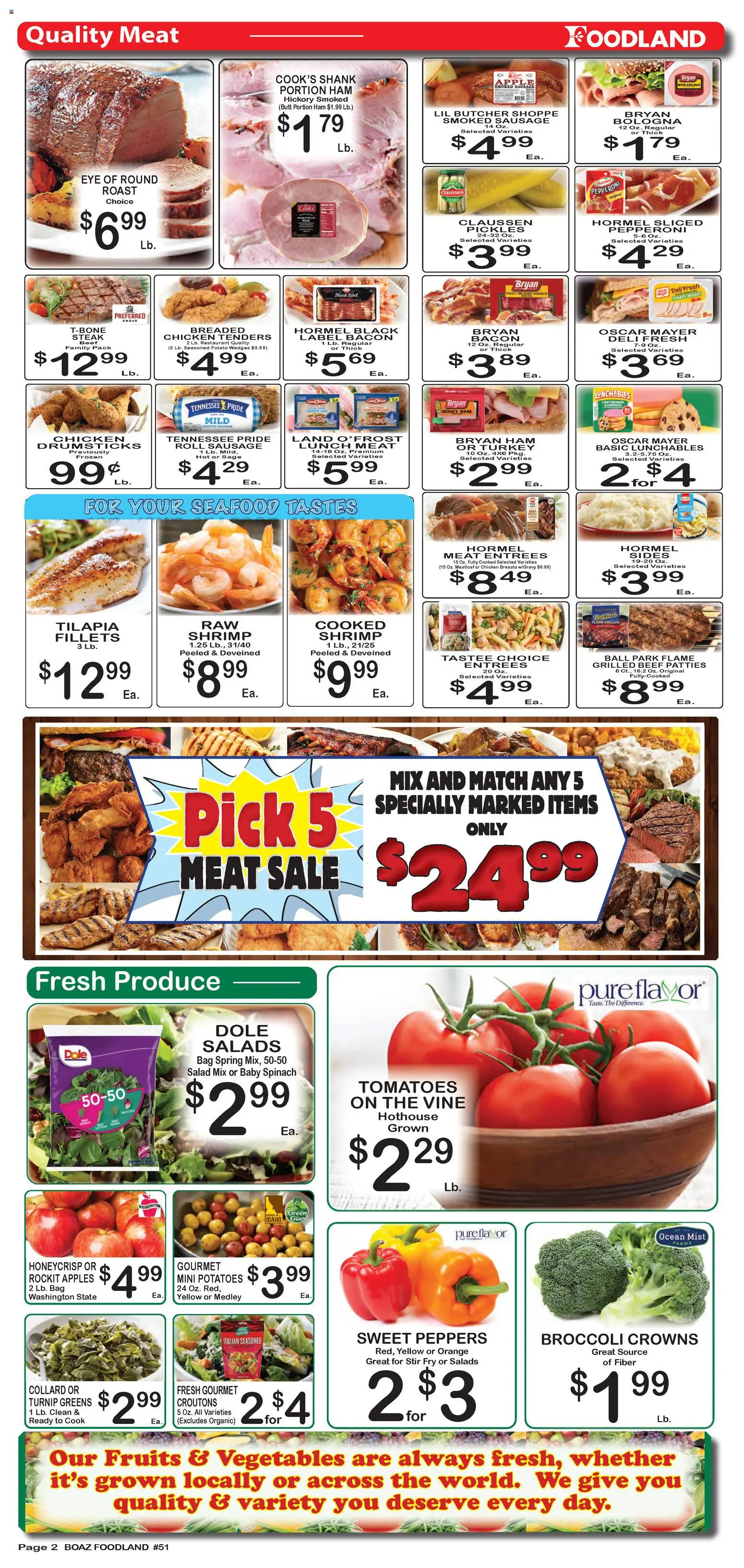 Foodland Weekly Ad - valid from 07/07/2026 | Page: 2 | Products: Broccoli, Tomatoes, Seafood, Greens