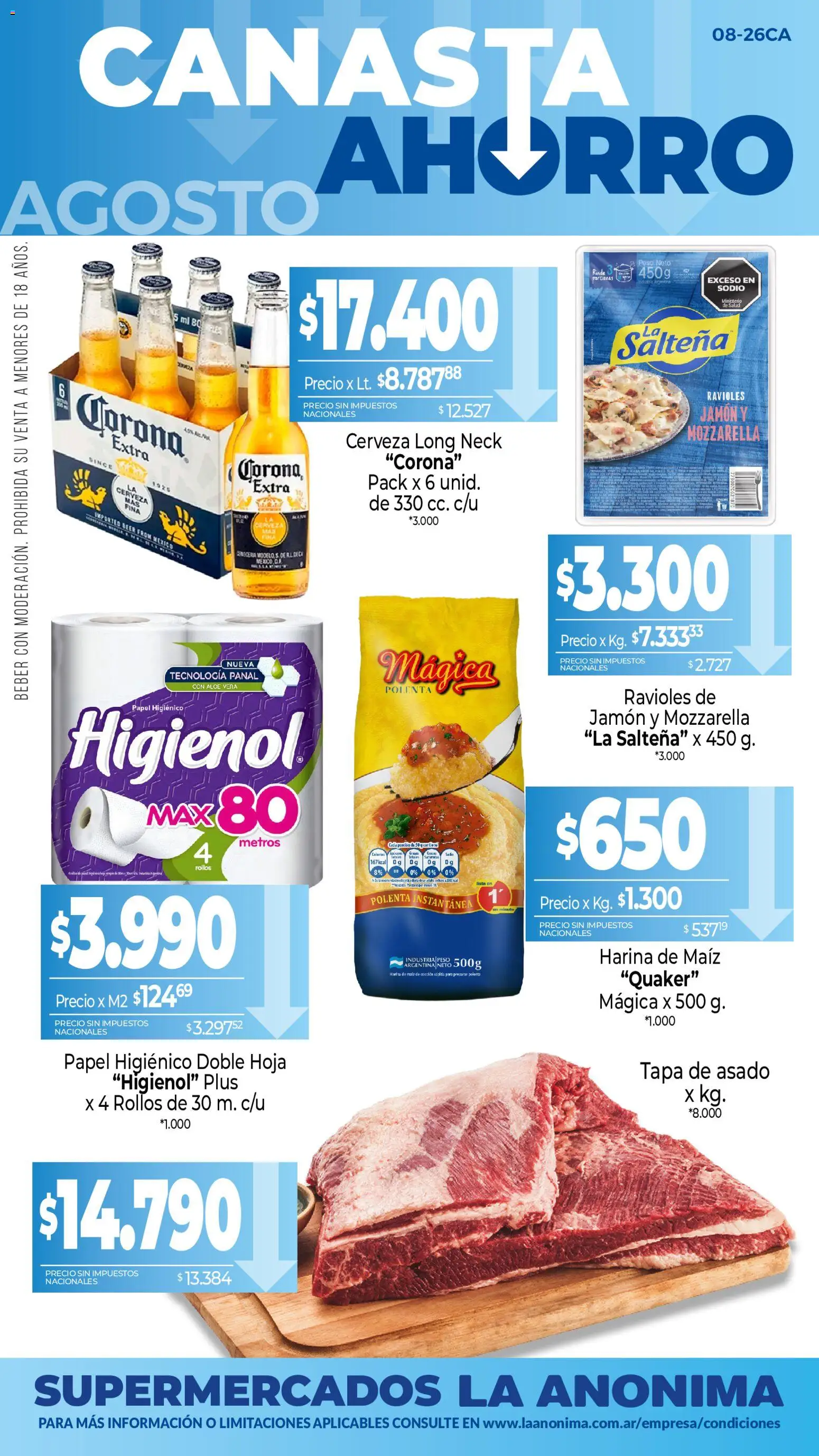 La Anonima Canasta Ahorro │ válido desde el 01/08/2026 | Página: 1 | Productos: Maiz, Polenta, Jamón, Canasta