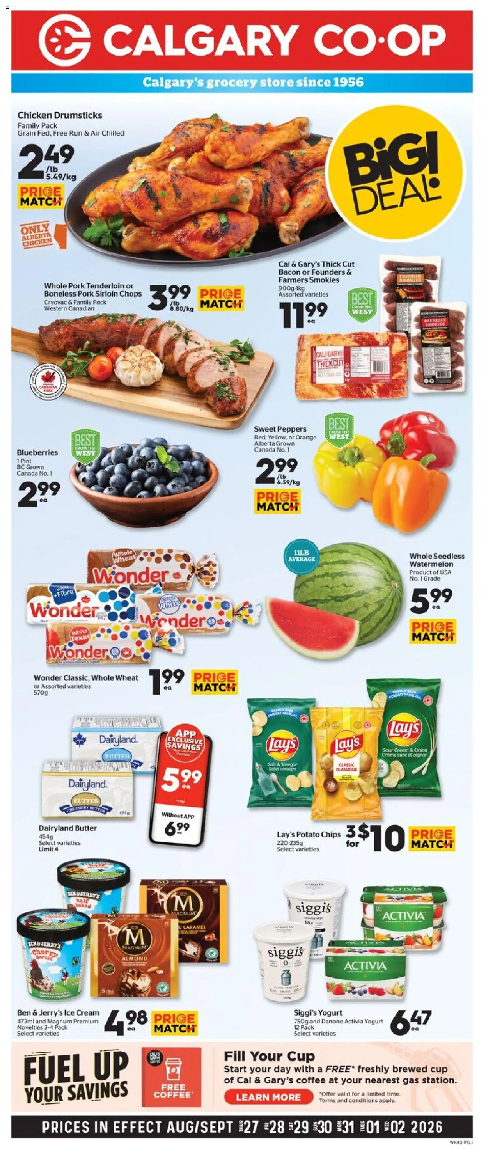 Calgary Co-op flyer valid from Aug 27, 2026 | Page: 1 | Products: Sour cream, Vinegar, Onion, Coffee