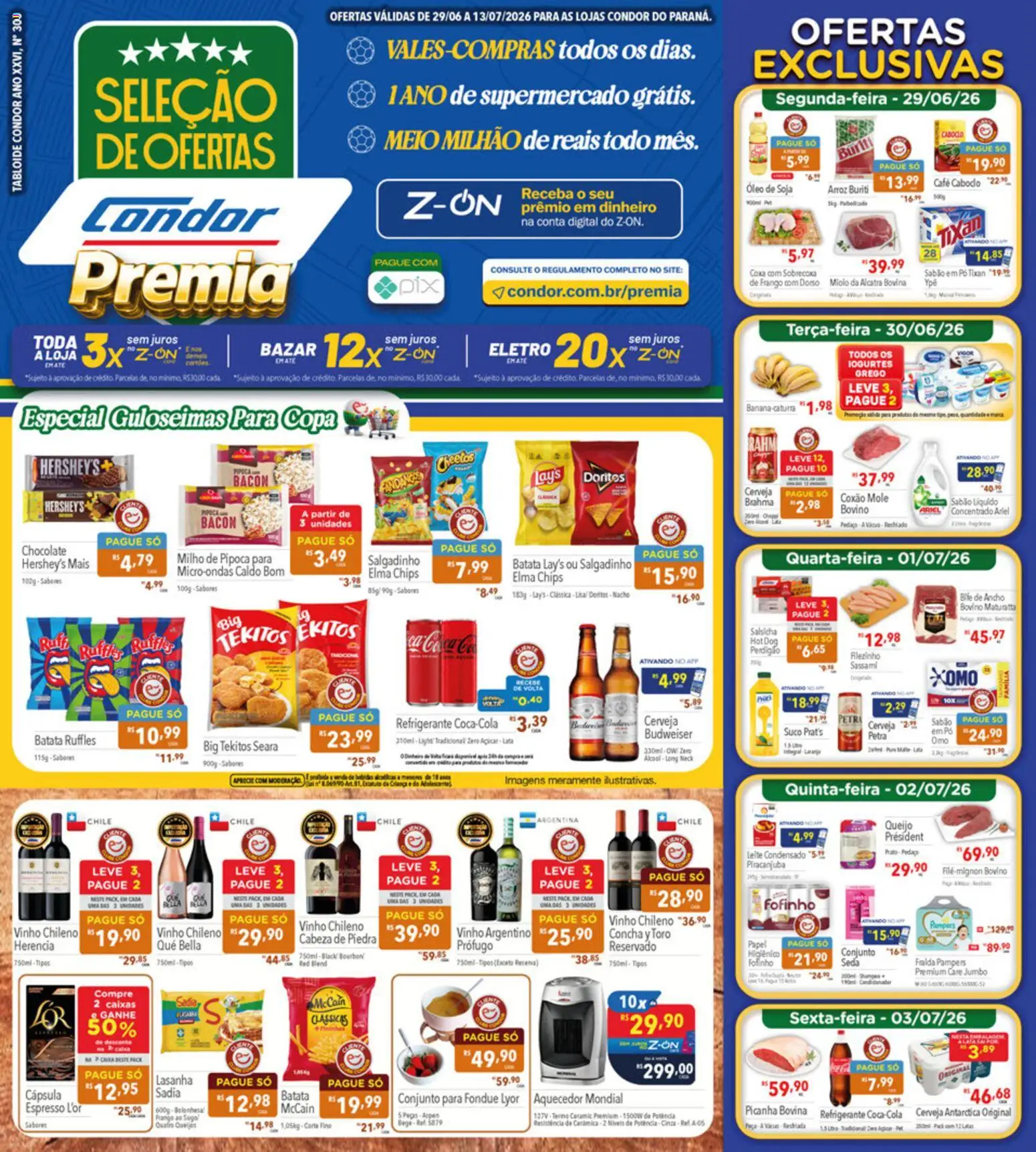 Supermercados Condor Folheto - válido de 29/06/2026 | Página: 1 | Produtos: Picanha, Suco, Cerveja, Microondas