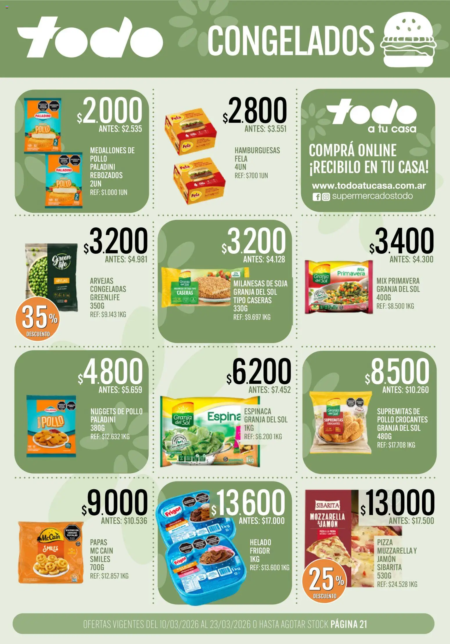 Supermercados TODO - Ofertas │ válido desde el 10.03.2026 | Página: 21 | Productos: Arvejas, Jamón, Pizza, Espinaca
